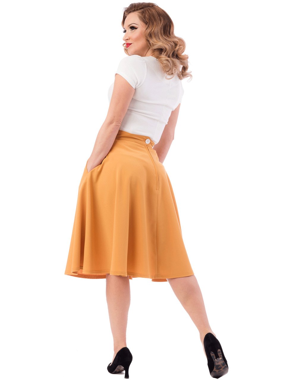 STEADY CLOTHING Women's High Waist Skirt with Pockets - Mustard Yellow | Stretchy Comfort Fit for Work, Date Night & Casual Outings