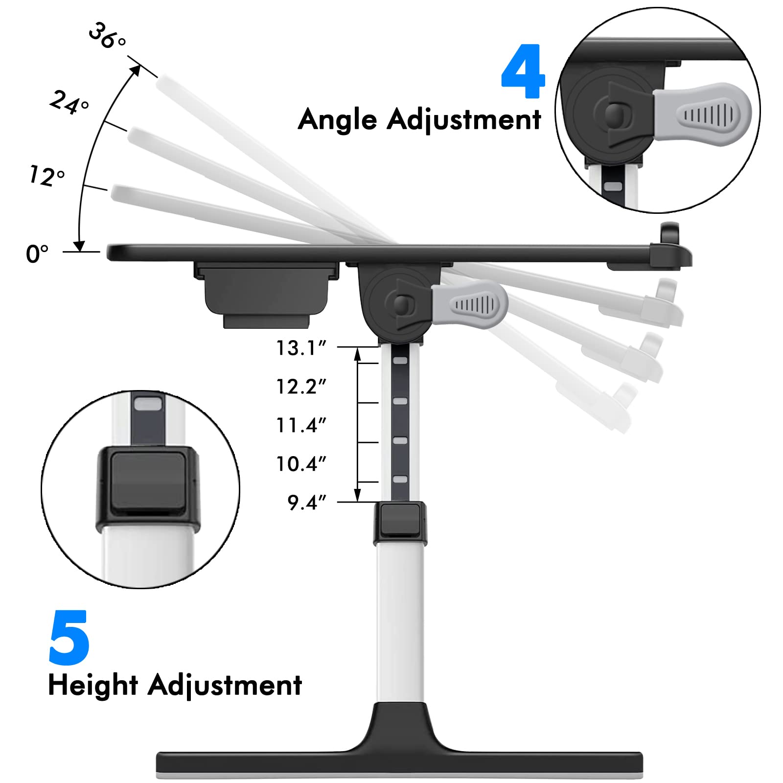 Adjustable Foldable Laptop Bed Tray with Storage Drawer & Phone Holder - Portable Bed Desk for 17