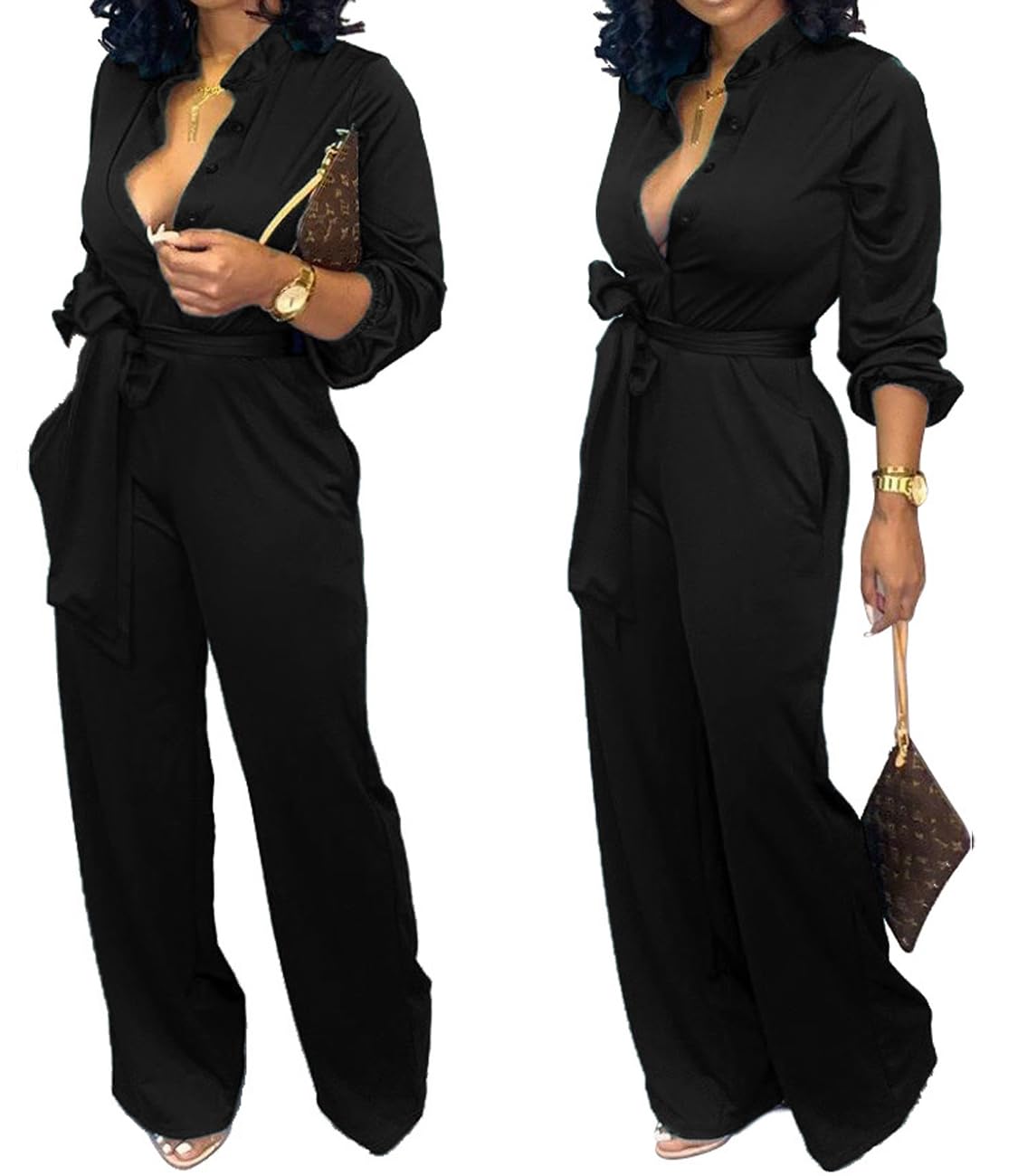 Elegant Women's V-Neck Long Sleeve Jumpsuit with Wide Leg Pants, Belt & Pockets - Perfect for Work, Office & Casual Wear