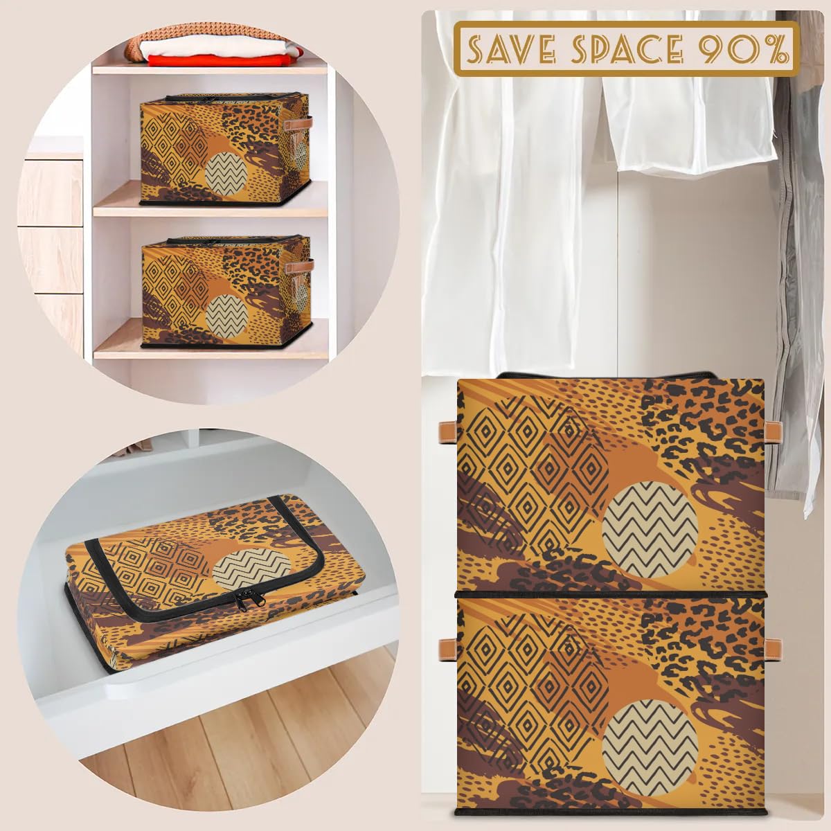 2 Pack Animal Print Fabric Storage Bins with Zipper Lid - African Art Style Stackable Cube Baskets, Steel Frame Clothes Organizer for Shelf & Closet Storage | Perfect for Bedroom, Nursery, and Office Organization
