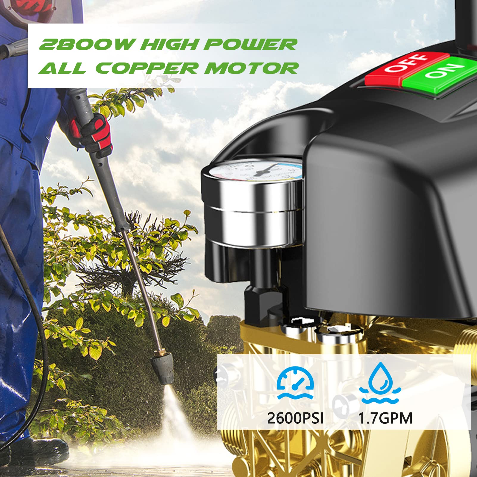 2800W High Power Electric Pressure Washer - 2600 PSI Max, 1.7 GPM with Detachable Spray Gun & Soap Tank - IPX5 Waterproof - 10m Hose - Perfect for Car Washing, Garden Cleaning, Home Maintenance and Driveway Cleaning
