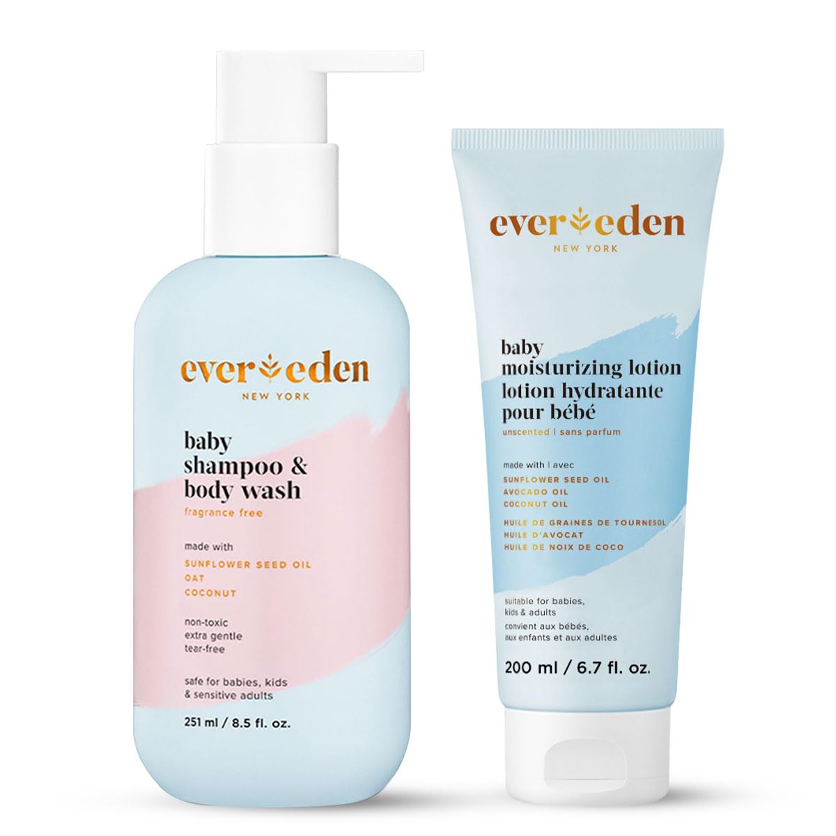 Evereden Baby Bathtime DUO Set - Organic Newborn Shampoo & Body Wash + Hydrating Baby Lotion for Sensitive Skin | Gentle Cleansing & Moisturizing | Perfect for Bath Time, Baby Massage & Daily Skincare Routine