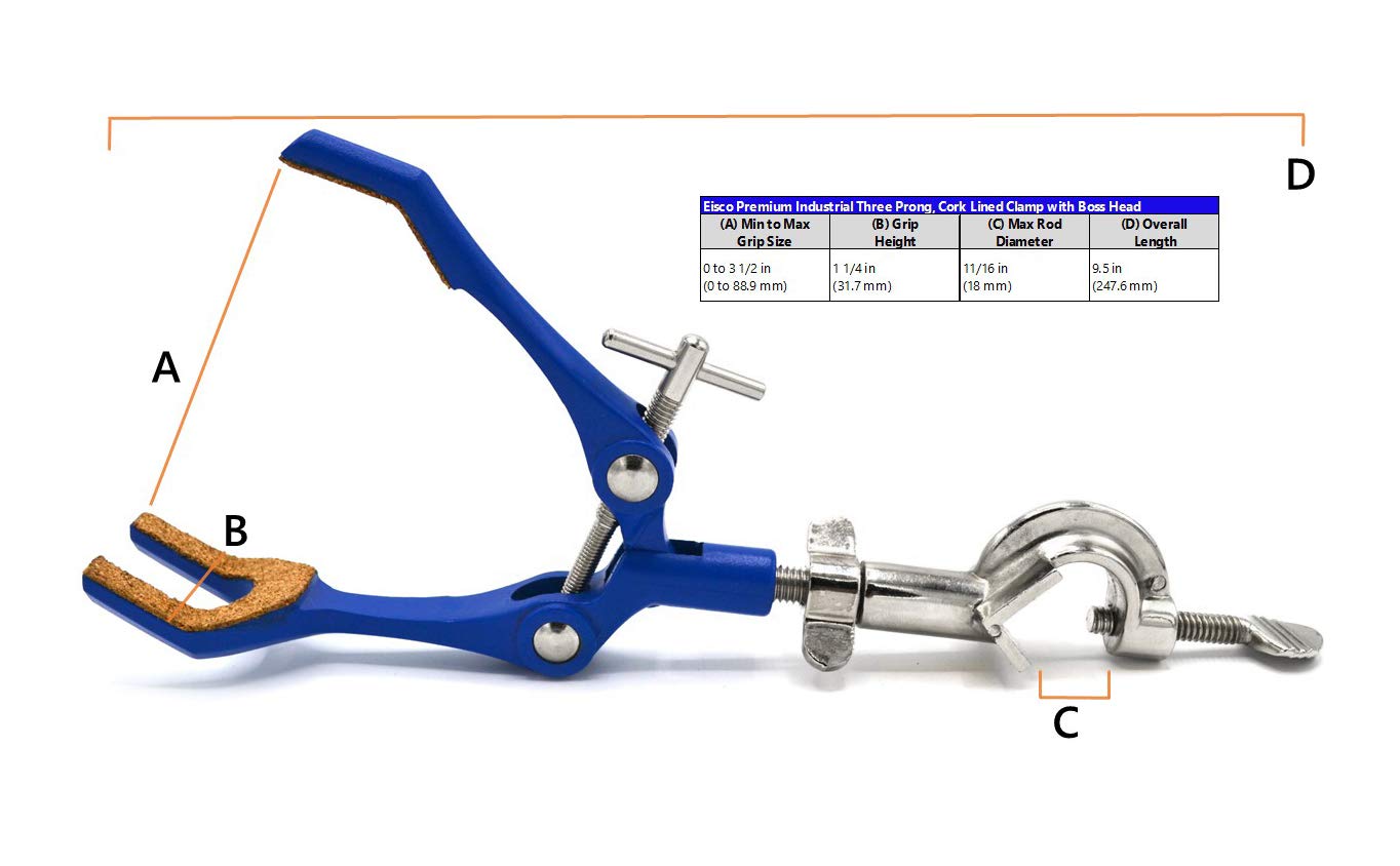EISCO 3 Finger Cork Lined Extension Clamp with Swivel Bosshead - 3.4