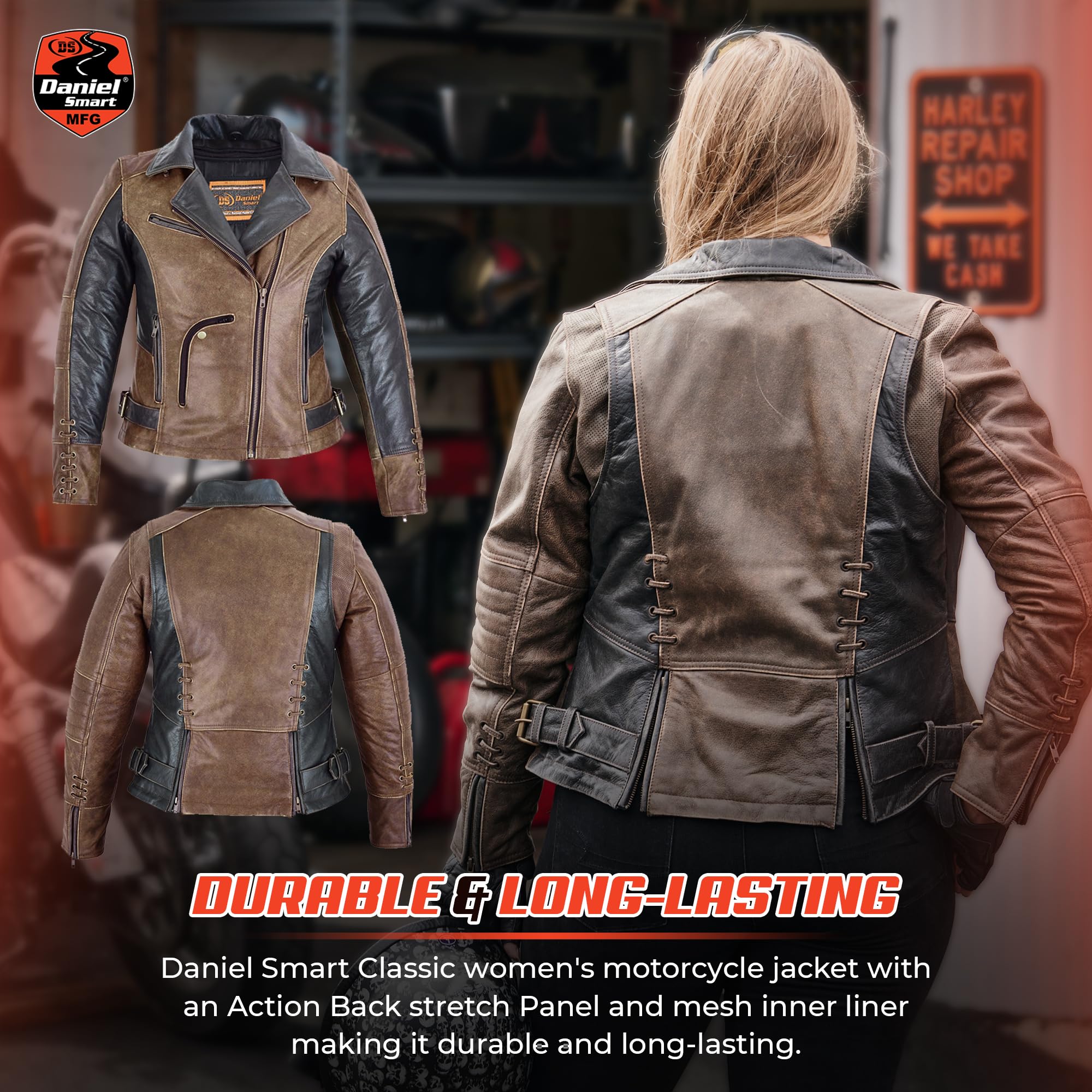 Daniel Smart Women's Motorcycle Jacket - Premium Biker Leather Jacket with Grommet Detailing, Lace Design & Armory Pocket for Riding, Fashion & Outdoor Adventures