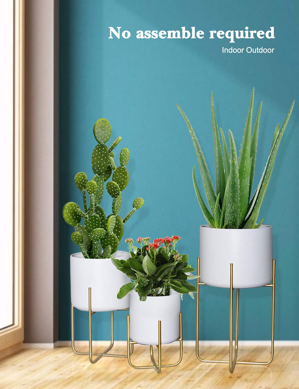 Sinolodo 3-Pack White Floor Standing Planters with Gold Metal Stand - Mid Century Modern Indoor Outdoor Plant Pots for Living Room, Patio, Porch, Garden & Lawn Decor