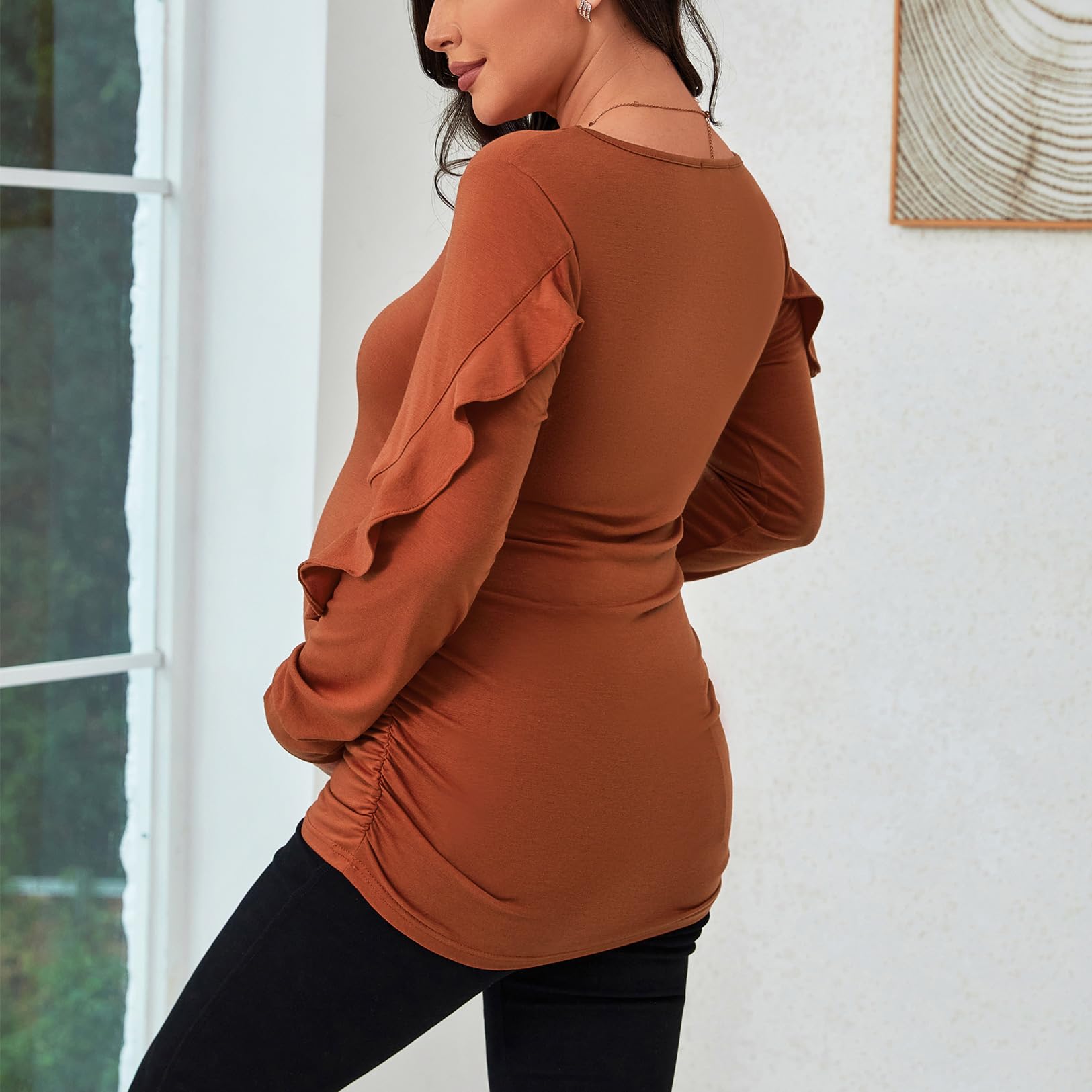GINKANA Maternity Tops - Cute Ruffle Long Sleeve Pregnancy Shirts for Women | Comfortable Nursing Blouse for Baby Shower & Everyday Wear