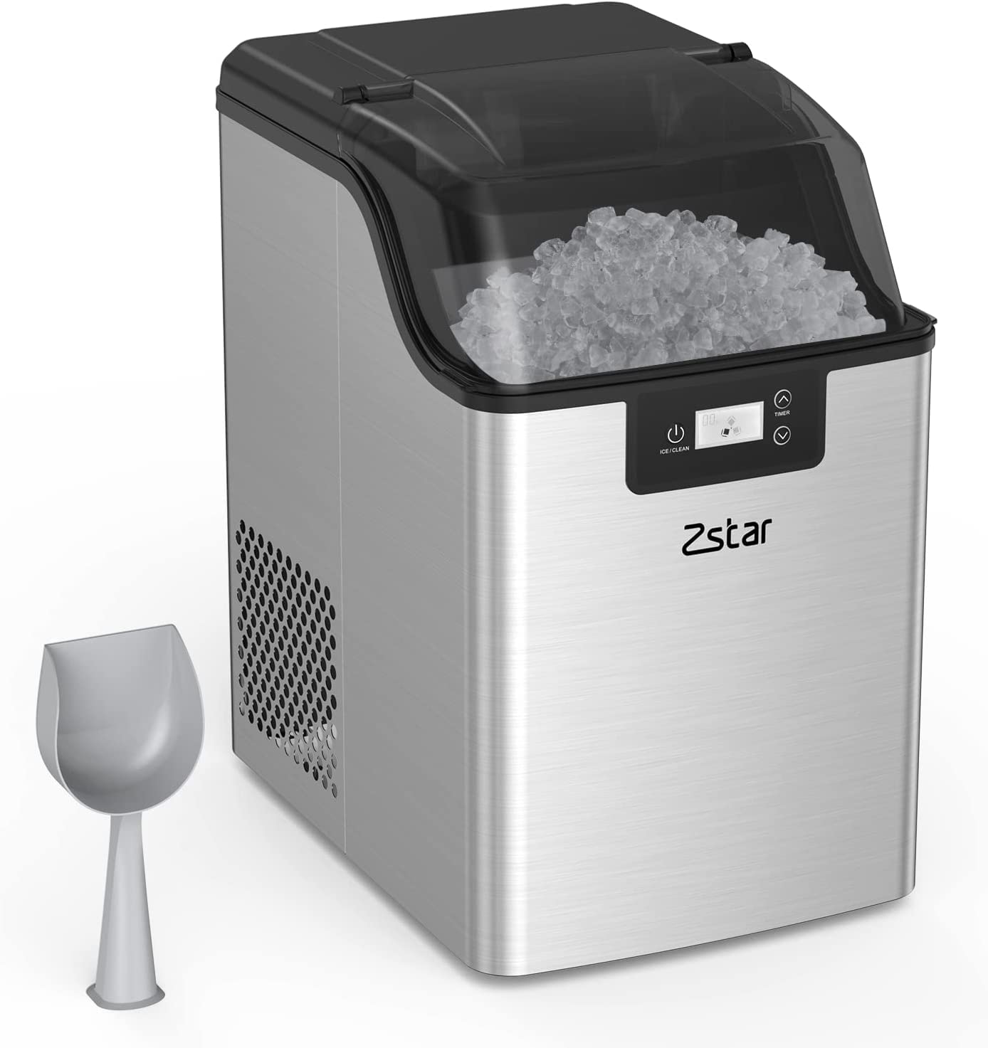 Zstar Nugget Ice Maker - 44Lbs/24H Stainless Steel Countertop Ice Machine with Self-Cleaning Function | Crunchy Sonic Ice for Cocktails, Sodas & Beverages | Portable Ice Maker with Scoop for Home, Office, Bar & Outdoor Parties