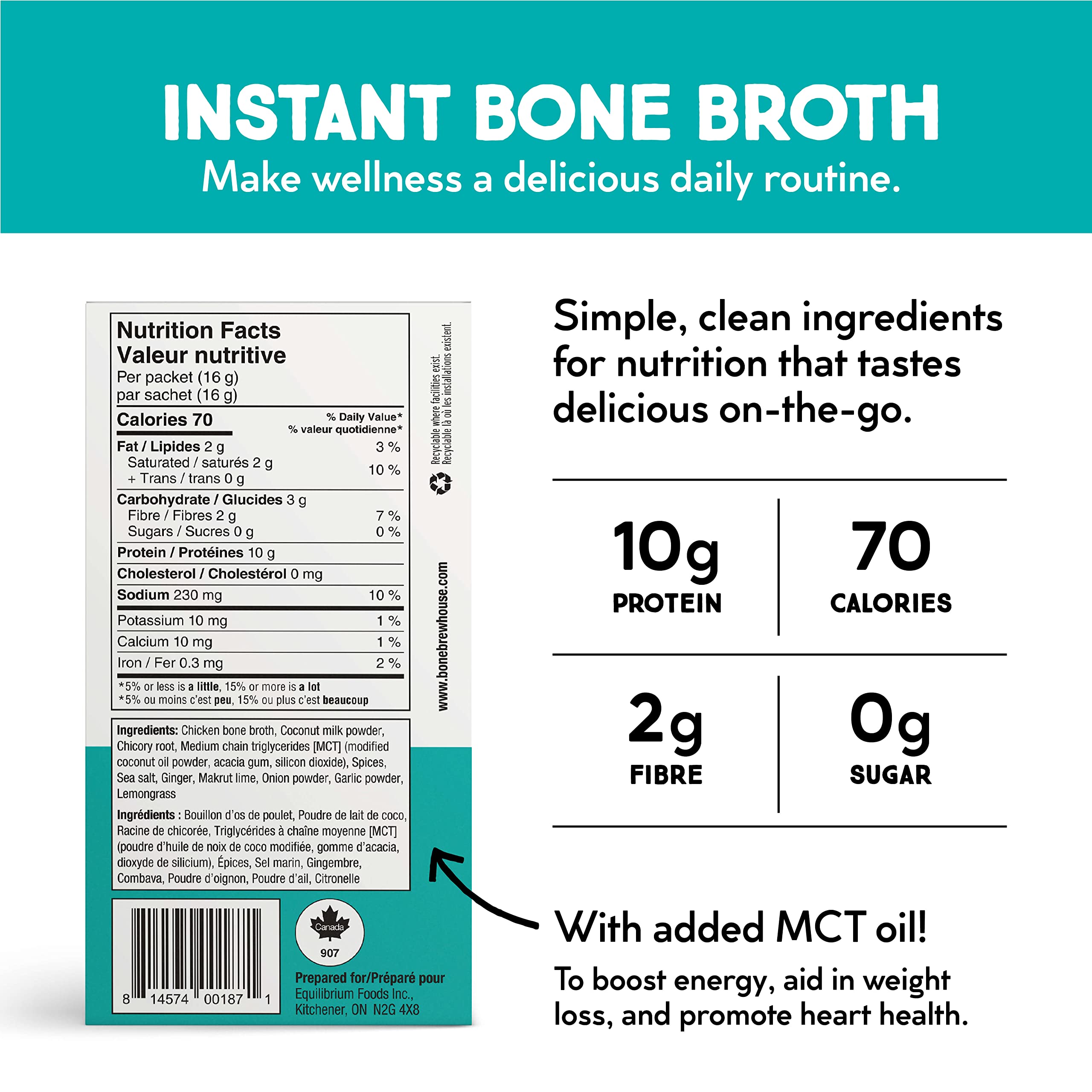 Bone Brewhouse Chicken Bone Broth Protein Powder - Thai Coconut Flavor - Keto Paleo Friendly Instant Soup - 10g Protein, Natural Collagen - Gluten Free Dairy Free - 5 Packets - Perfect for Post-Workout Recovery & Keto Diet Meals