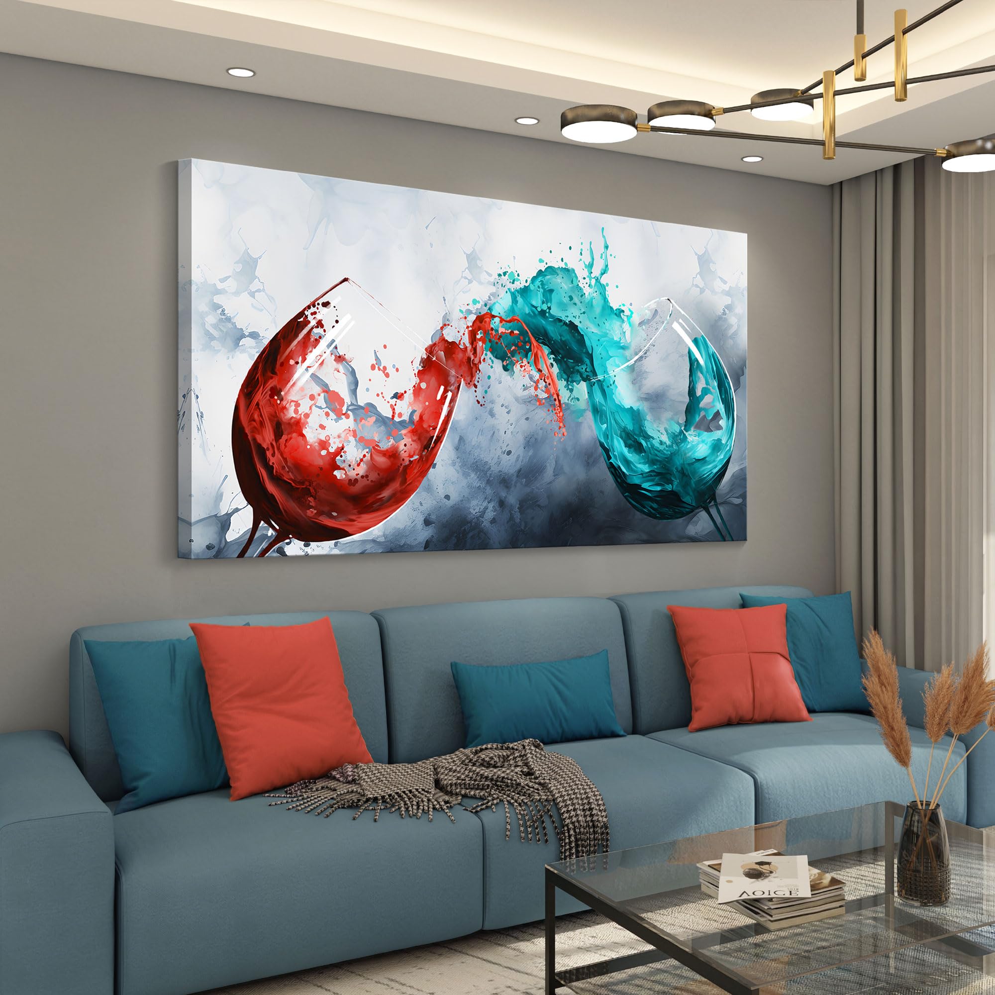Modern Wine Glass Canvas Wall Art - Blue & Red Wine Cups Painting for Dining Room, Kitchen & Office Decor - 30x60 Inch Contemporary Wall Art - Perfect for Home, Restaurant & Bar Decorations