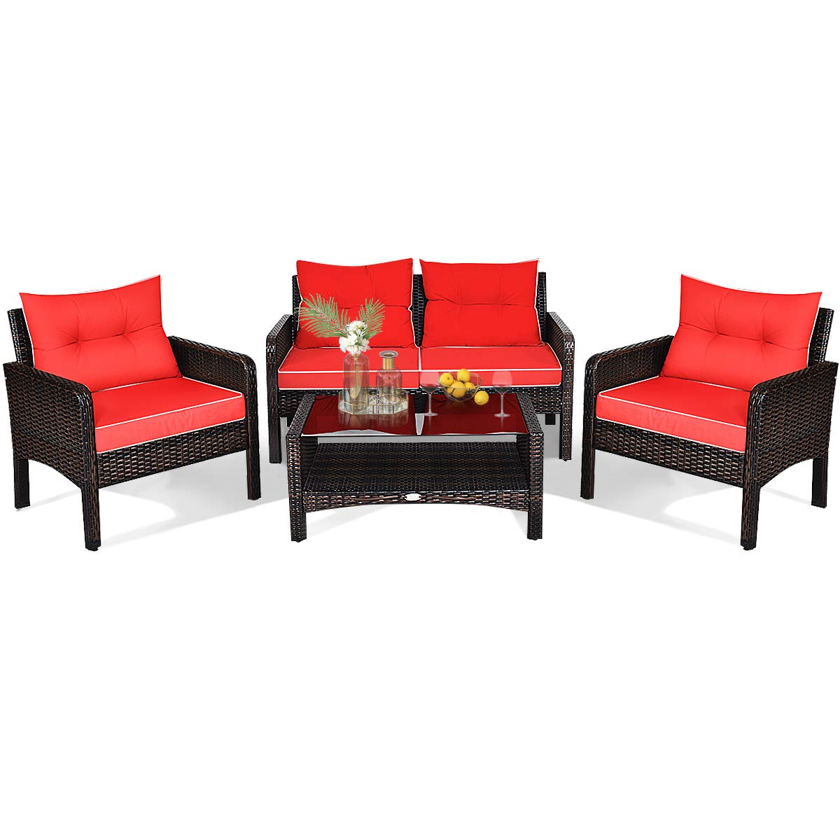 HAPPYGRILL 4-Piece Rattan Patio Furniture Set with Cushions & Coffee Table - Perfect for Outdoor Relaxation