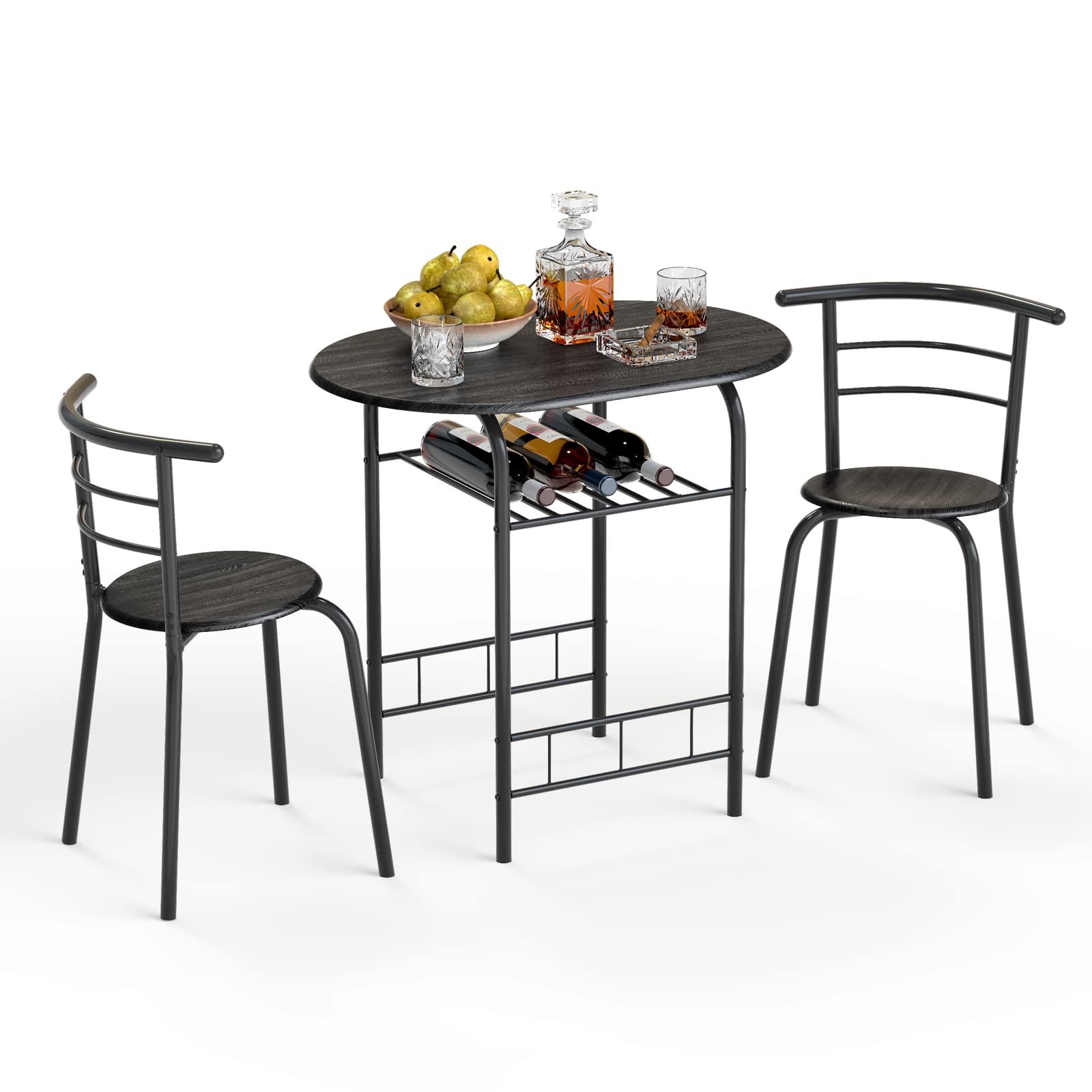 NAFORT 3-Piece Round Dining Table Set for 2 - Compact Kitchen Table & Chairs with Storage Shelf, Space Saving Bistro Set, Steel Frame in Black - Perfect for Small Apartments, Breakfast Nooks & Cozy Kitchenettes