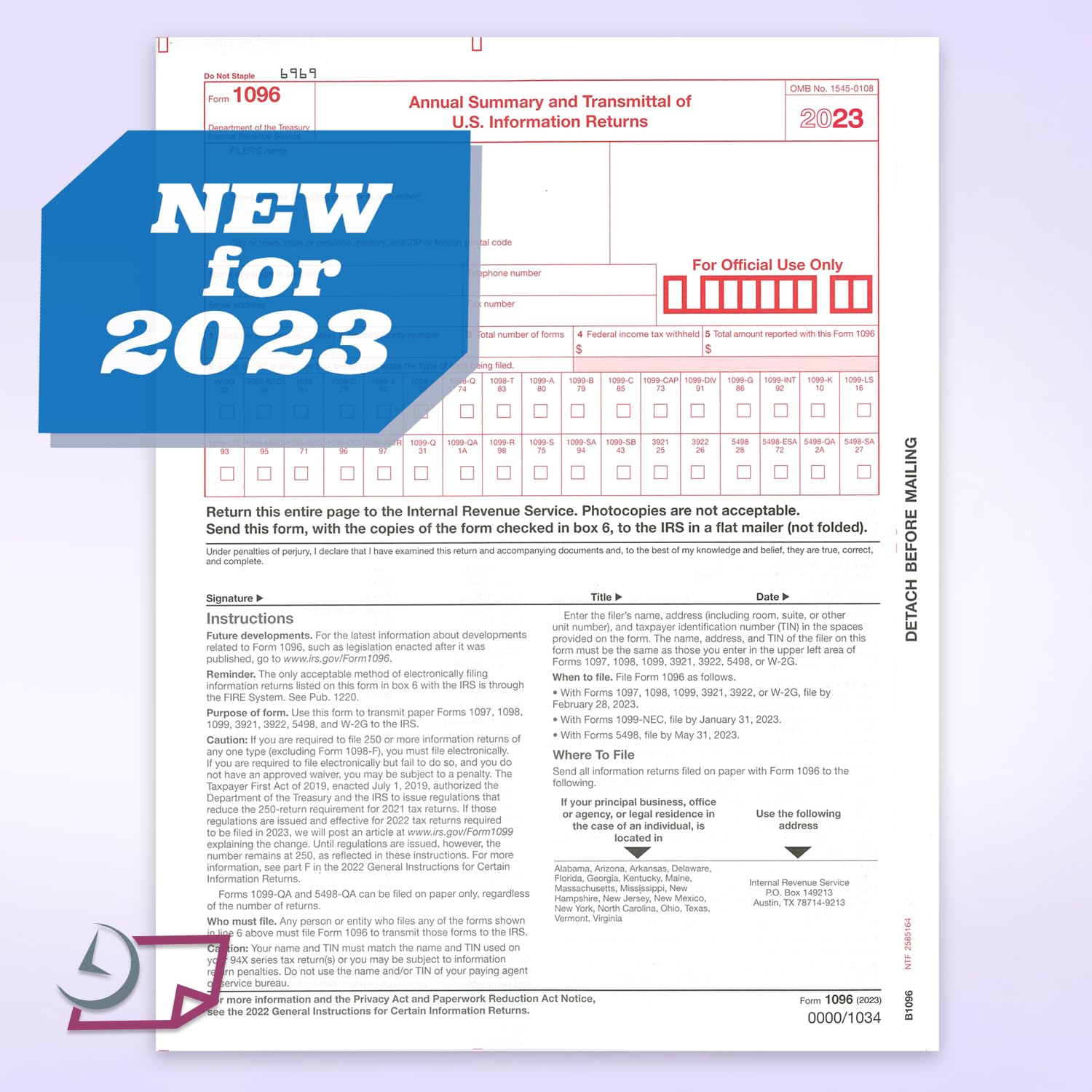 NextDayLabels - 2023 Tax Form 1096 Transmittal for Laser & Inkjet Printers - QuickBooks & Accounting Software Compatible (10-Pack) - Perfect for Small Business Tax Filing & IRS Document Submission
