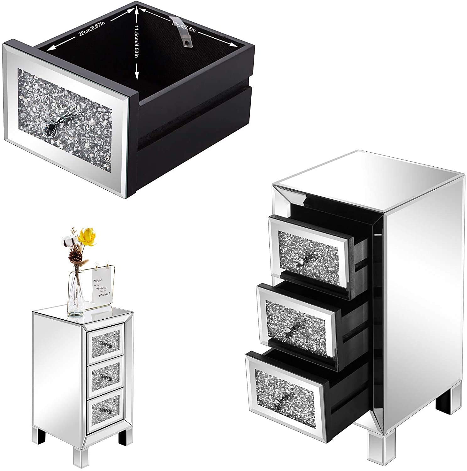 Mirrored Nightstand Set of 2 - Silver Finish Bedside Table with 3 Crushed Crystal Drawers, Elegant Accent Cabinet for Bedroom & Living Room - Perfect for Storing Jewelry, Books & Bedroom Essentials