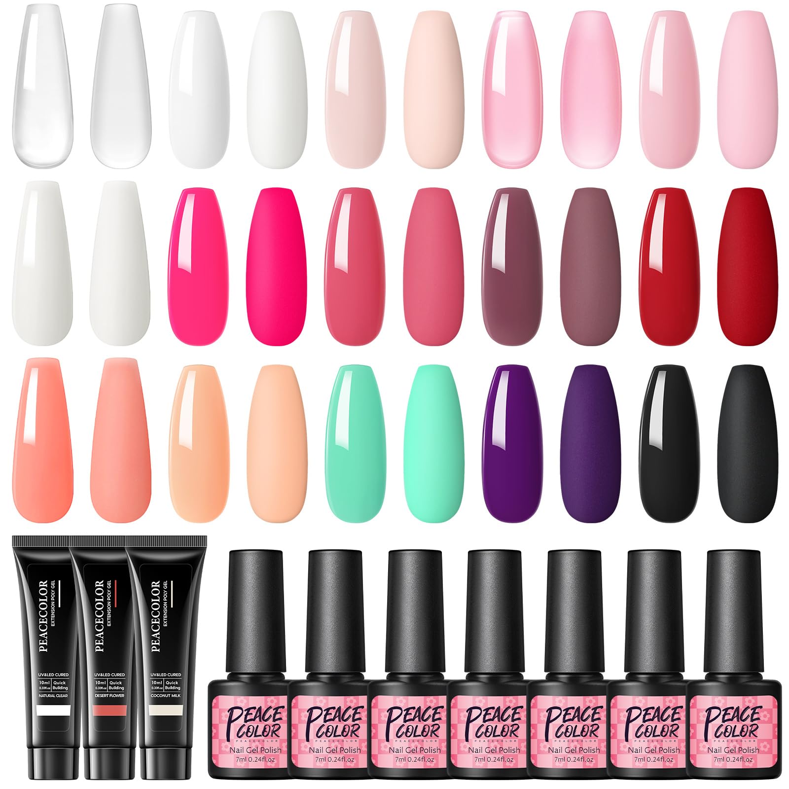 PEACECOLOR Complete UV Gel Nail Kit with 12 Semi-Permanent Nail Polishes, 36W UV Lamp, 3 Poly Nail Extension Gels, Base & Top Coat - Professional Manicure Set for Home & Salon Nail Art