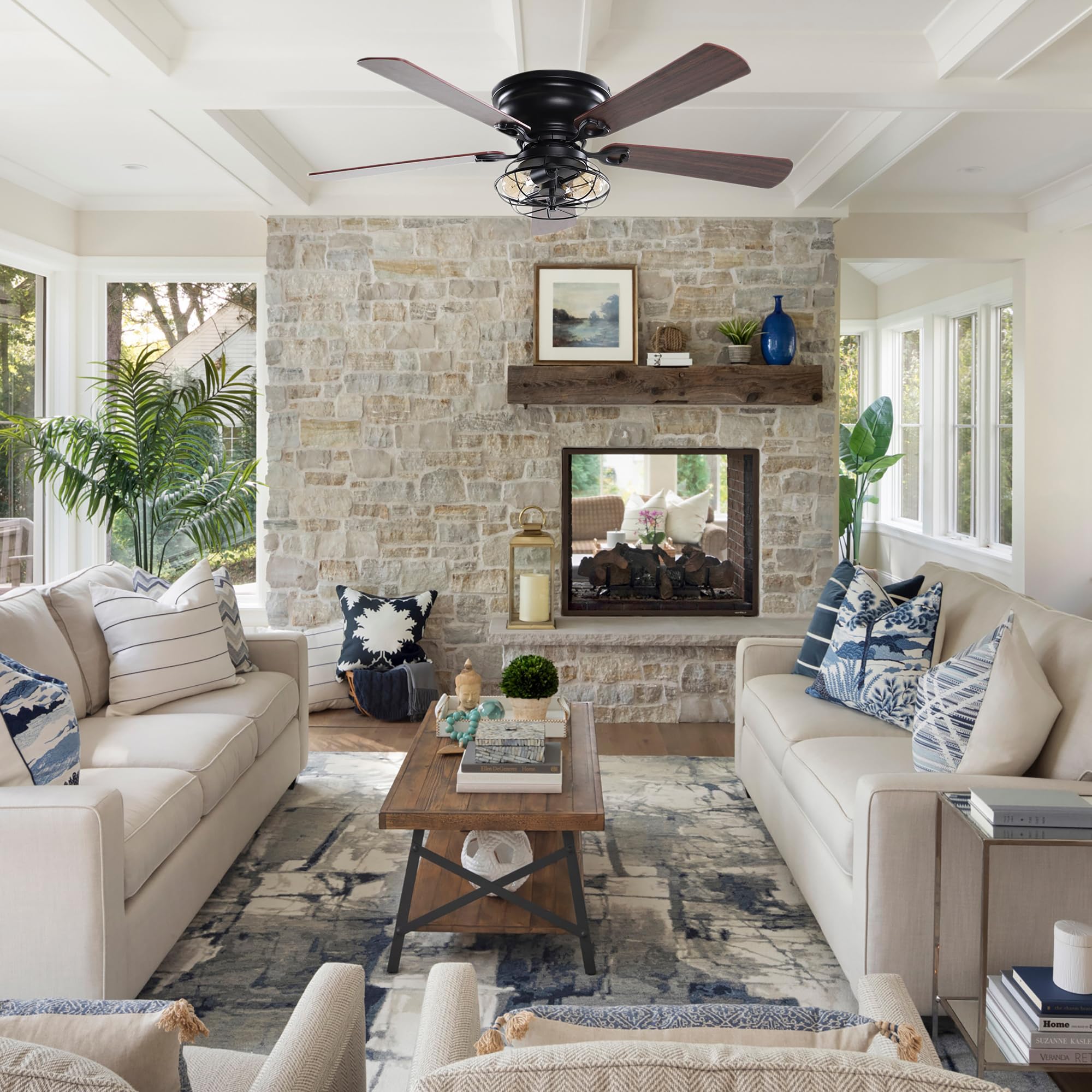 48 Inch Black Farmhouse Flush Mount Ceiling Fan with Lights & Remote - Low Profile Reversible 5-Blade Design, Timer Function - Perfect for Bedroom, Living Room, Kitchen & Indoor Spaces