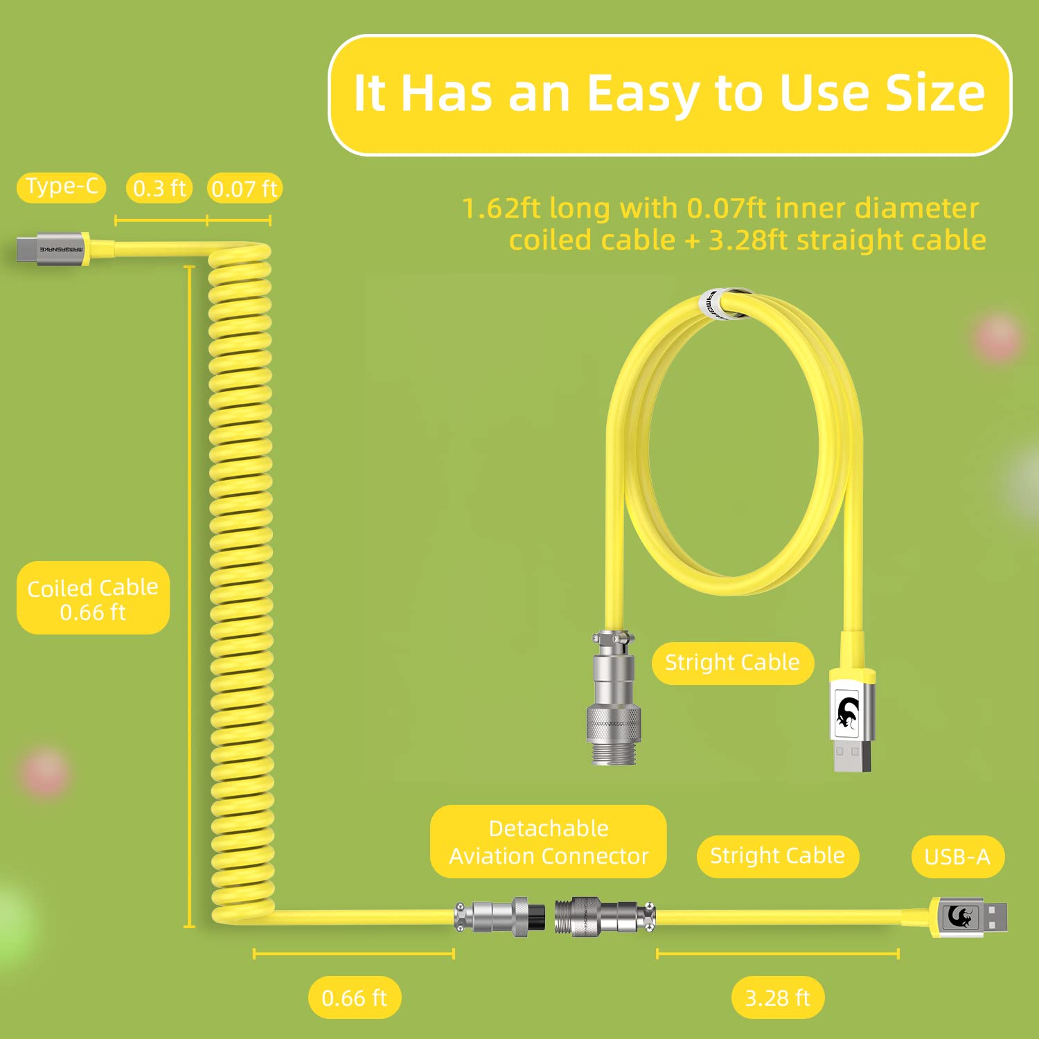MAMBASNAKE C01 Spiral Keyboard Cable - Pro Custom Coiled USB C to USB A Cable for Mechanical Keyboards, Detachable Aviation Metal Connector, Durable TPU for Gaming Keyboard (Yellow) - Perfect for PC, Mac, and Mechanical Keyboard Enthusiasts