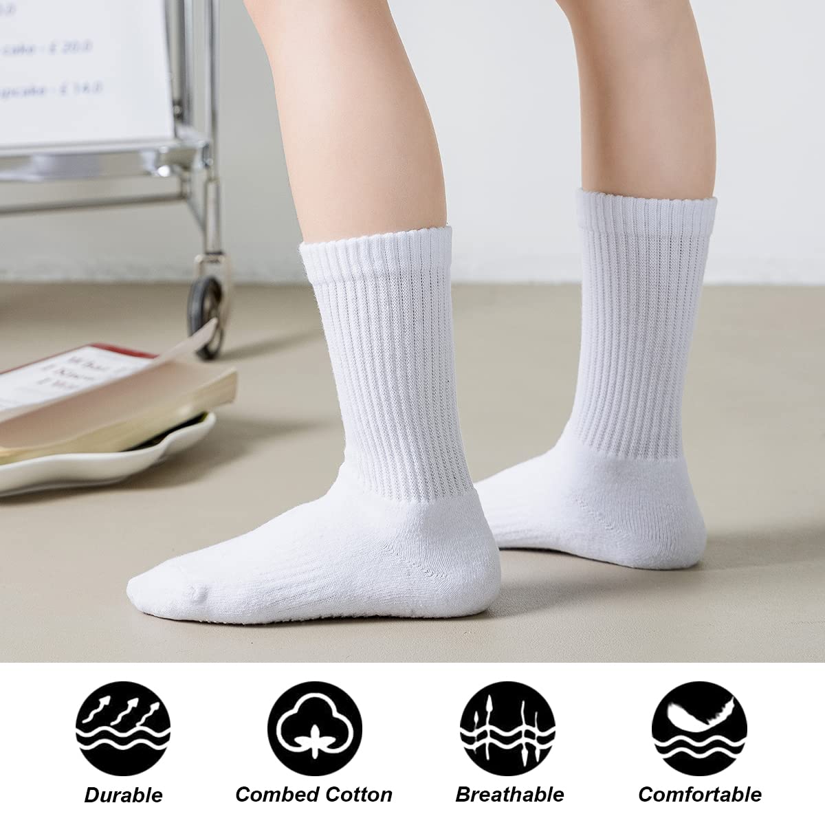 Marchare Boys & Girls Cushioned Crew Socks - 6 Pack Thick Cotton Athletic Running Socks for Kids (Black/White) - Perfect for School, Sports & Daily Activities