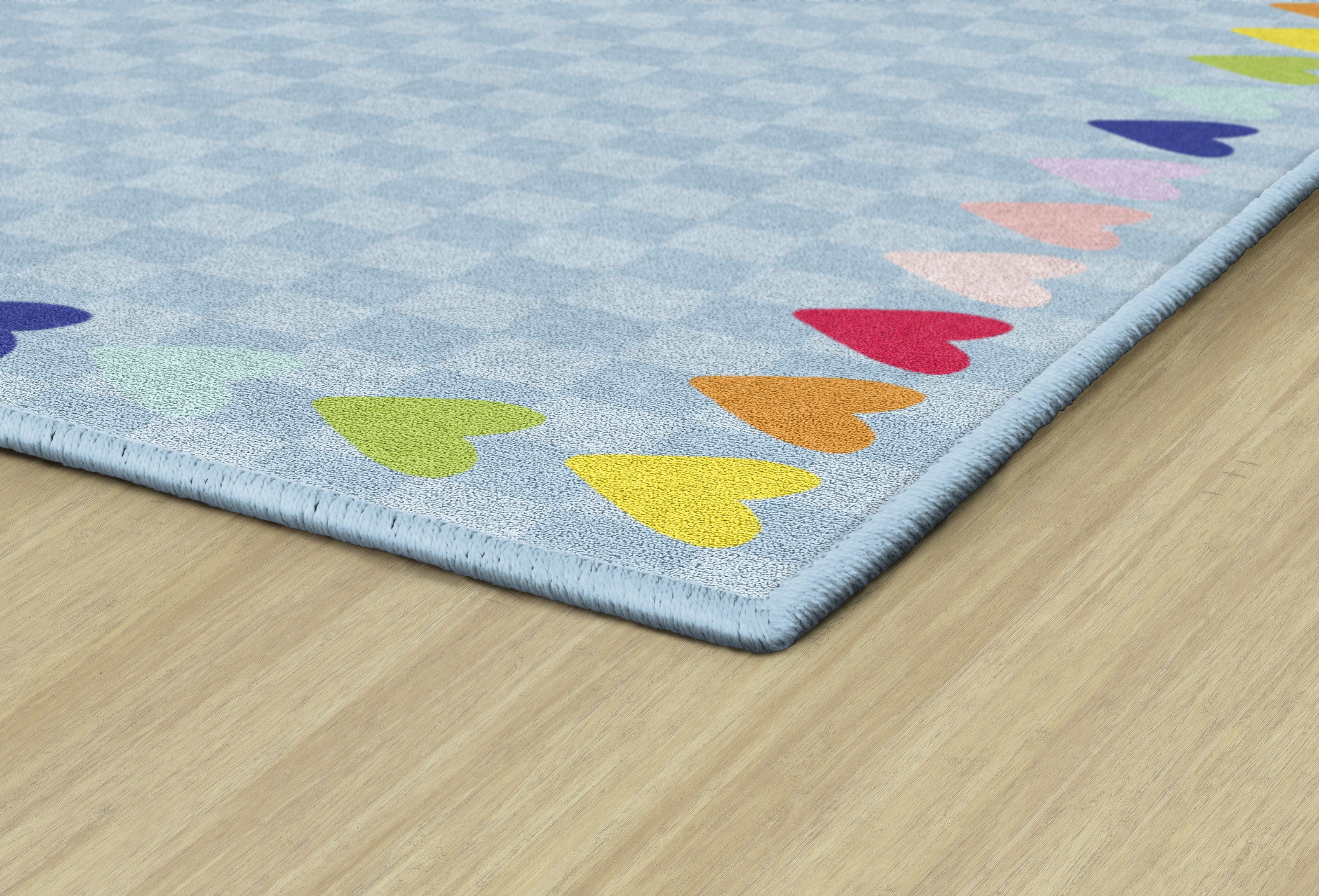 Blue with Rainbow Hearts Border Rug - Soft Playroom & Classroom Mat for Kids - Perfect for Nursery, Daycare, and Home Decor
