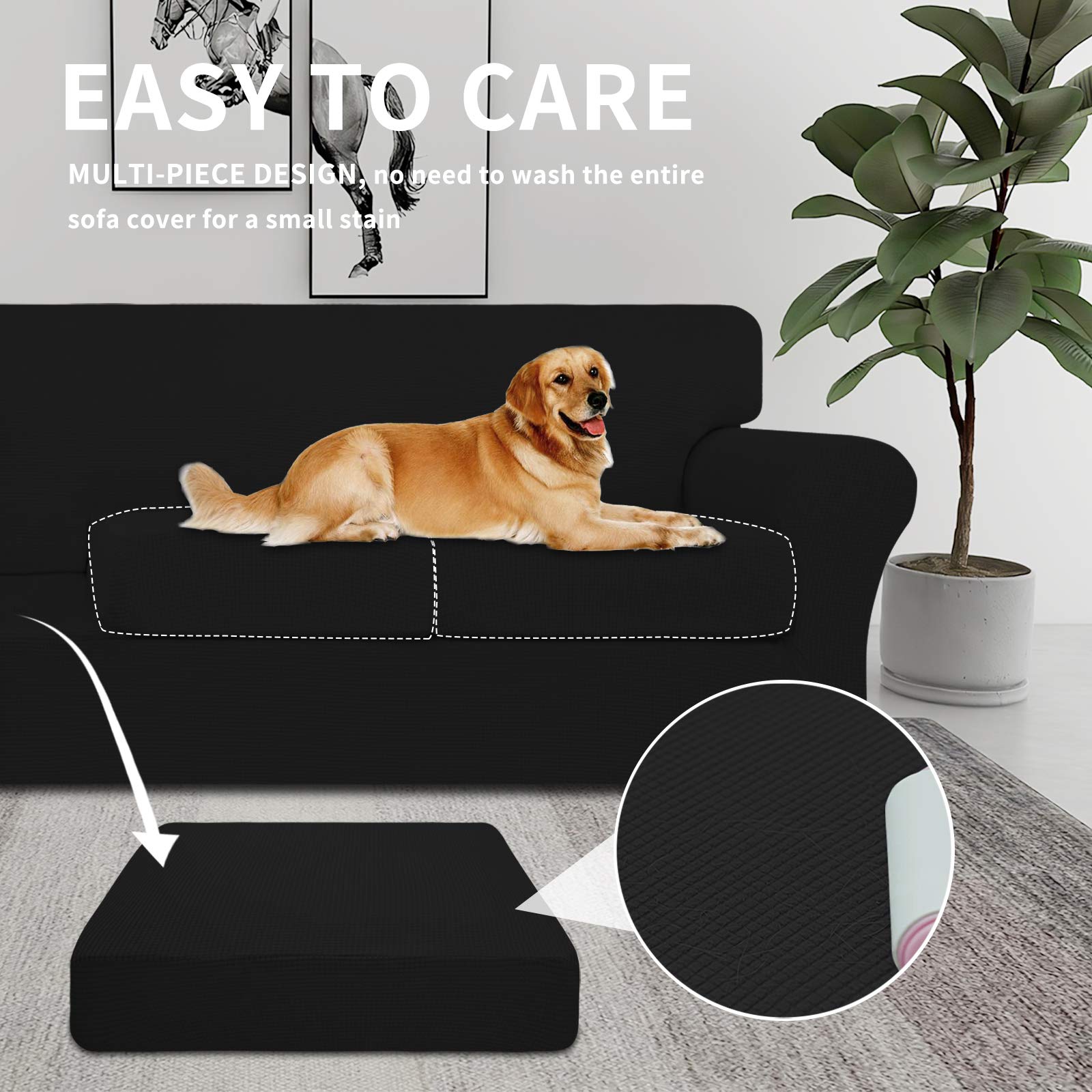 Stretchable 3-Piece Sofa Cover for Dogs & Pets - Washable Jacquard Fabric Elastic Couch Slipcover - Fits 2 Separate Cushion Loveseats - Furniture Protector for Pets & Kids (Black) - Perfect for Pet Owners & Family Homes