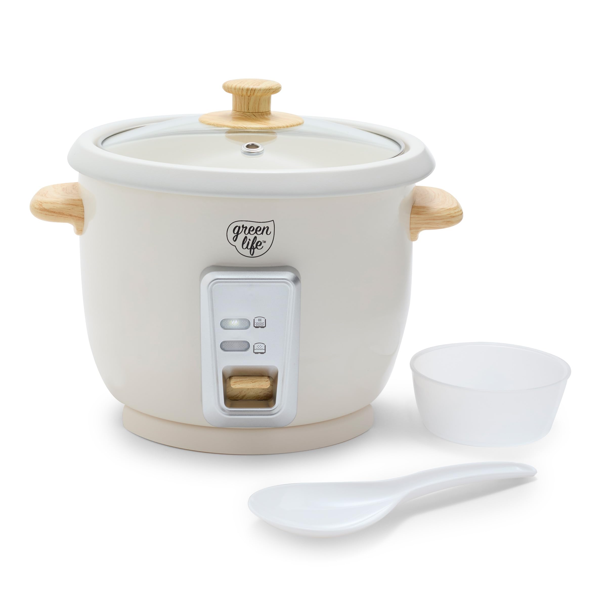 GreenLife 3-Cup Electric Rice Cooker & Steamer - PFAS-Free Nonstick Pot, Auto Presets, Wood Handle, Dishwasher Safe - Perfect for Small Kitchens, Dorm Rooms & Meal Prep (Includes Measuring Cup & Rice Paddle)