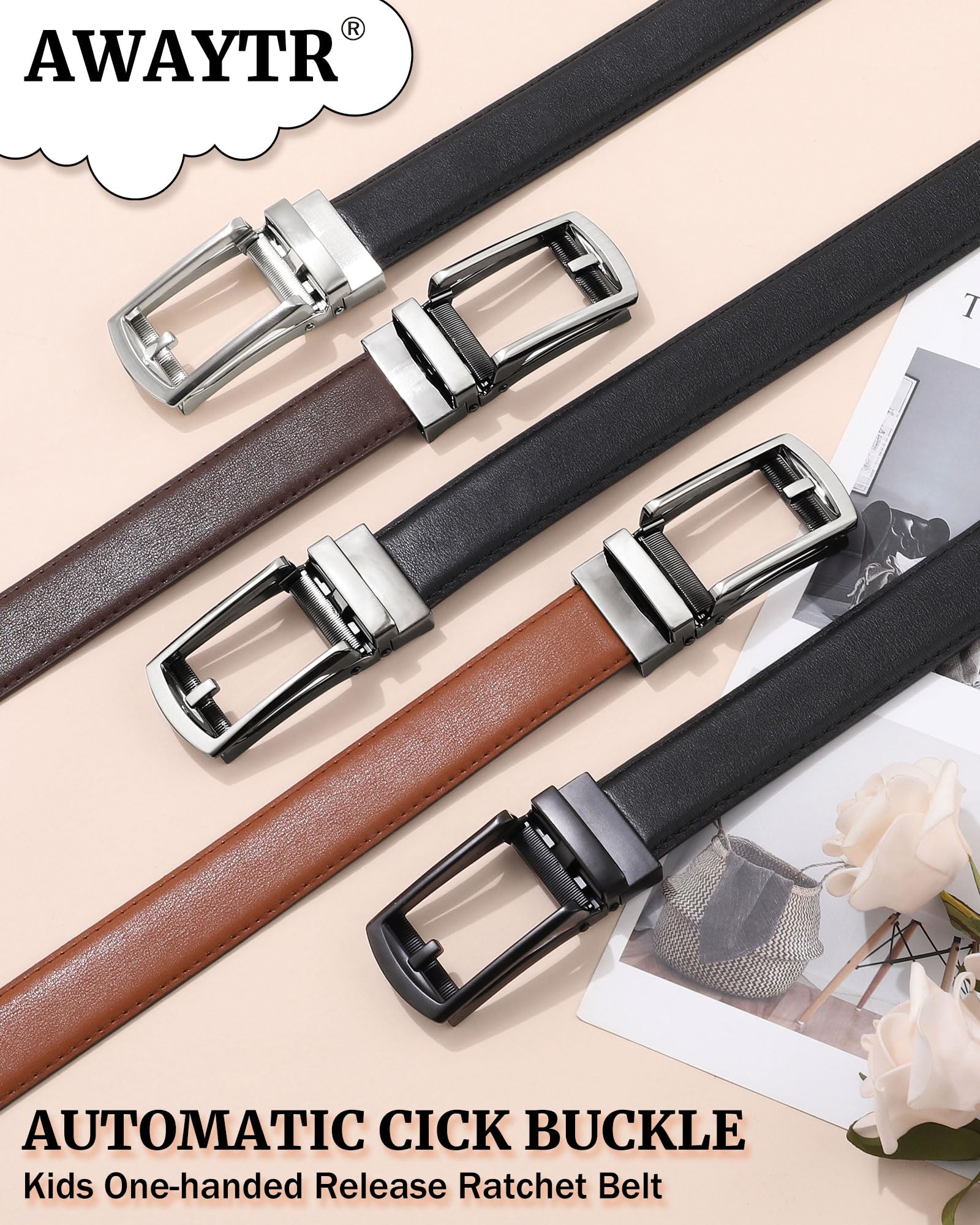 AWAYTR Boys Ratchet Belt for Kids - Adjustable Black & Brown Leather Belts for Dress Pants, Uniforms & Jeans | Perfect for School, Church & Special Occasions