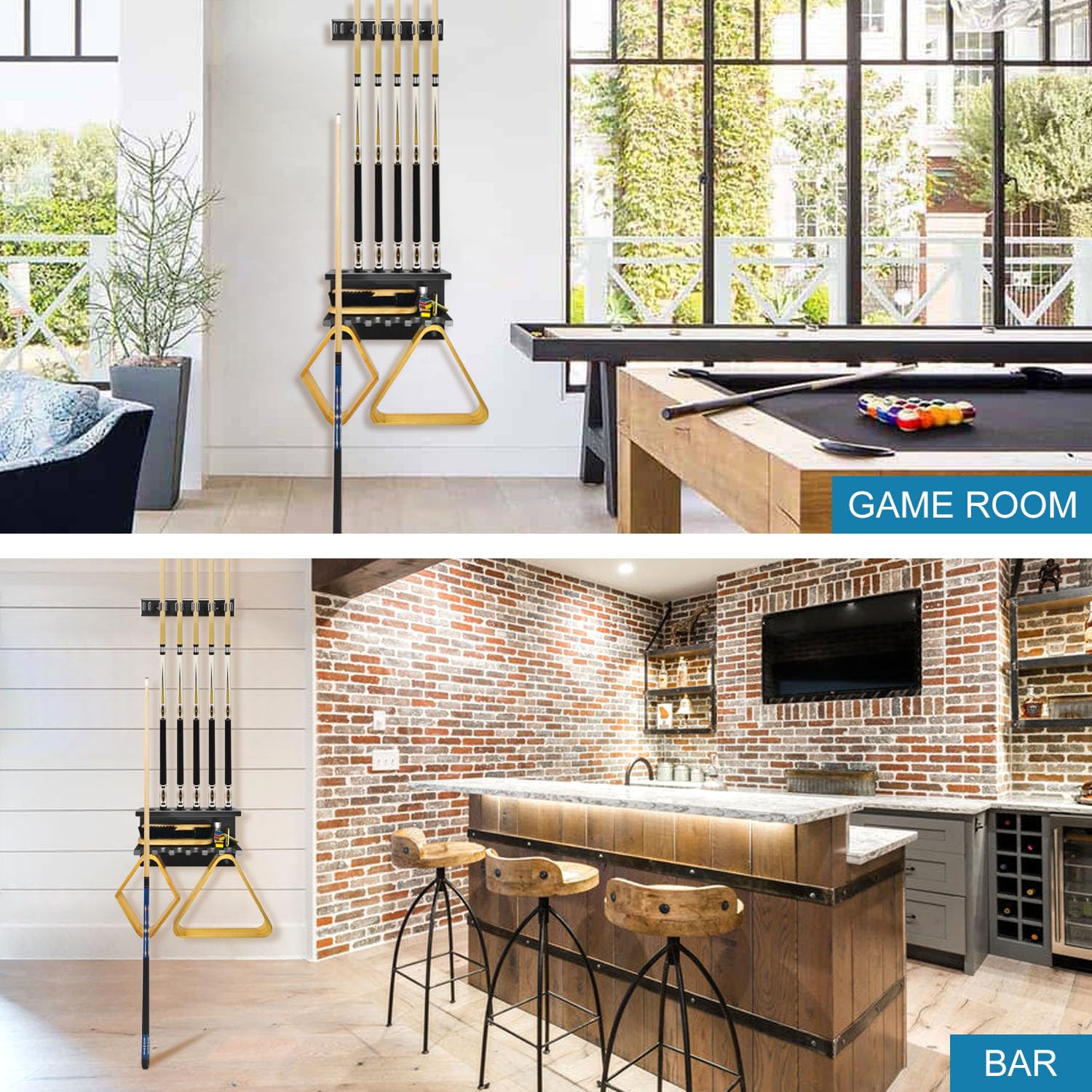 Premium Wall Mount Pool Cue Rack - Holds 6 Billiard Sticks | Durable Black Pool Stick Holder for Home Game Rooms & Bars | Perfect Billiards Table Accessory & Organizer