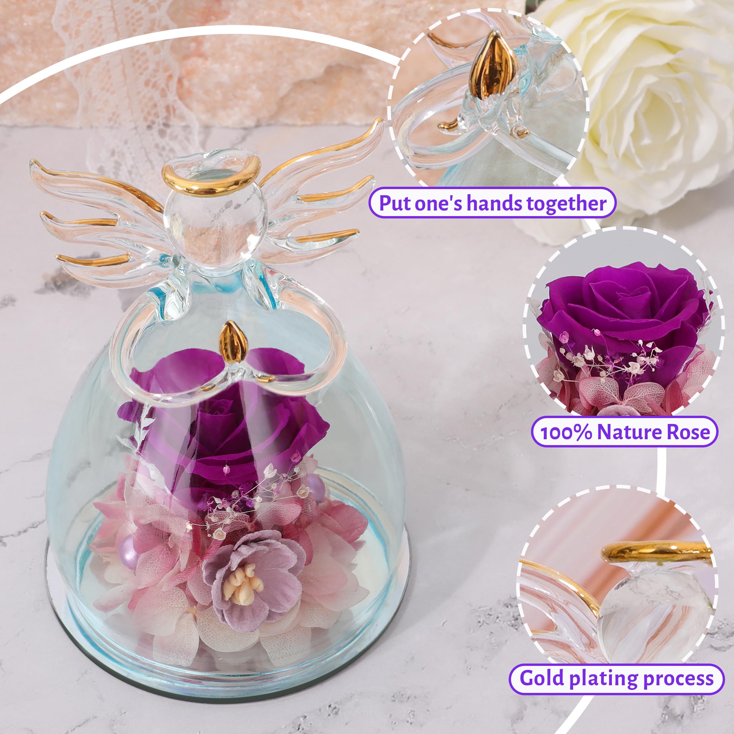 ANLUNOB Preserved Rose in Glass Dome with Angel Figurine - Eternal Flower Gift for Women, Mothers, Valentine's Day, Birthday, Christmas & Thanksgiving - Perfect for Home Decor, Wedding Centerpieces & Romantic Surprises