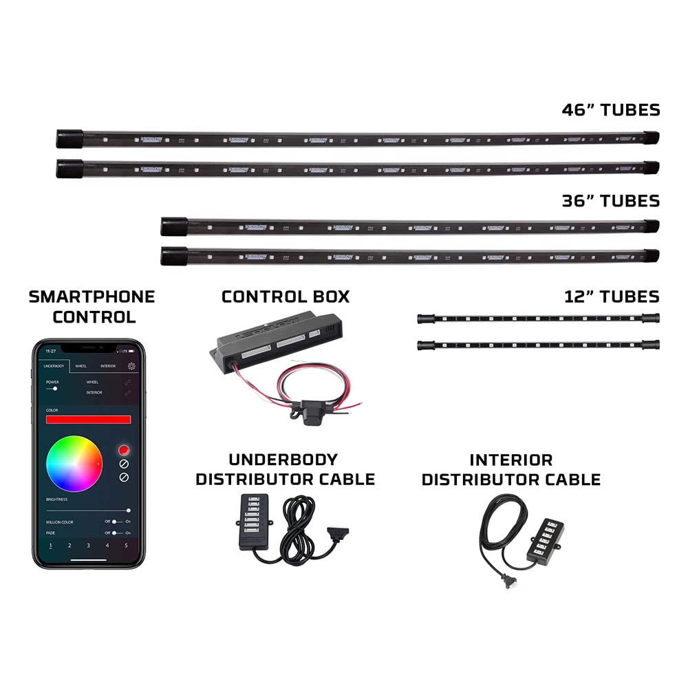 LEDGlow 4-Piece Bluetooth RGB LED Underbody Underglow Kit & 2-Piece Interior Footwell Lighting for Cars - 16 Million Colors - Smartphone App Control - Customizable Courtesy Lights - Perfect for Car Shows, Night Driving & Vehicle Customization