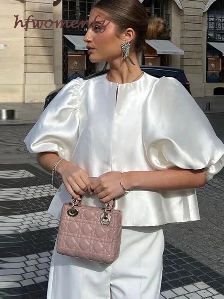 Elegant Satin Ruffle Blouse for Women - Lantern Short Sleeve Loose Fit O-Neck Top | Spring Summer Fashion Streetwear | Perfect for Office, Date Night & Casual Outings