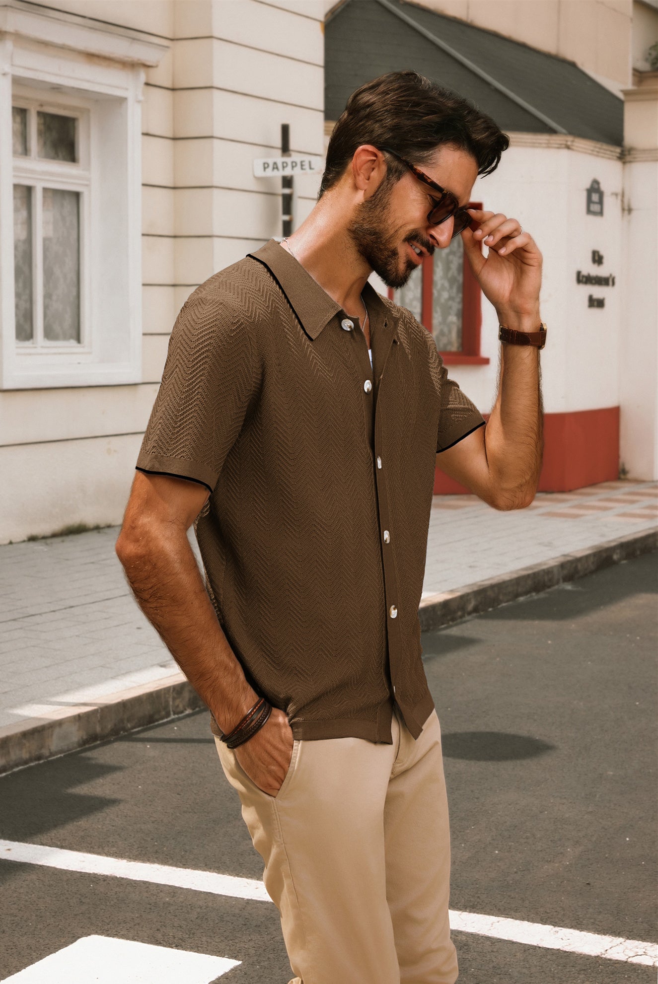 Men's Textured Short Sleeve Cardigan with Lapel Collar - Button Up Knit Sweater for Casual Wear & Spring Layering