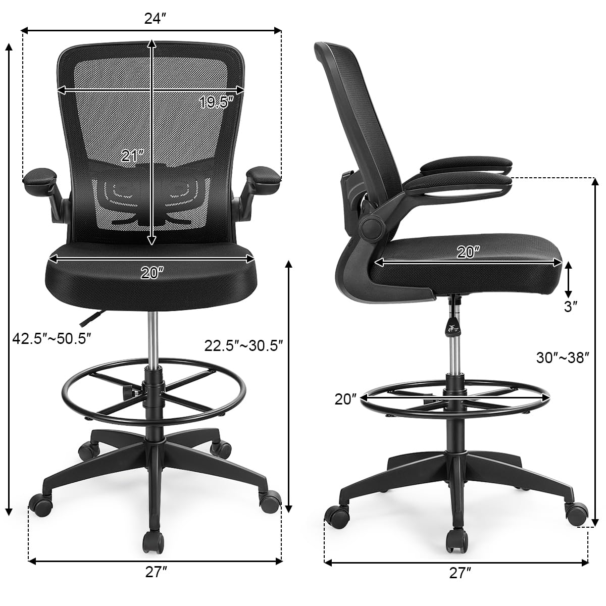 Giantex Ergonomic High Back Drafting Chair with Footrest - Adjustable Height, Flip-Up Armrests & Lumbar Support - Mesh Office Chair for Architects, Designers & Tall Users - Perfect for Home Office, Studio & Computer Workstations