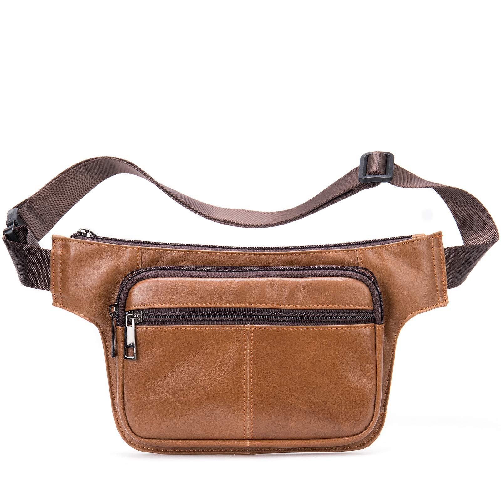 Premium 4-Zipper Leather Fanny Pack for Men & Women - Soft Durable Waist Bag for Running, Hiking, Travel & Outdoor Activities (Brown) - Perfect for Gym, Concerts & Daily Essentials