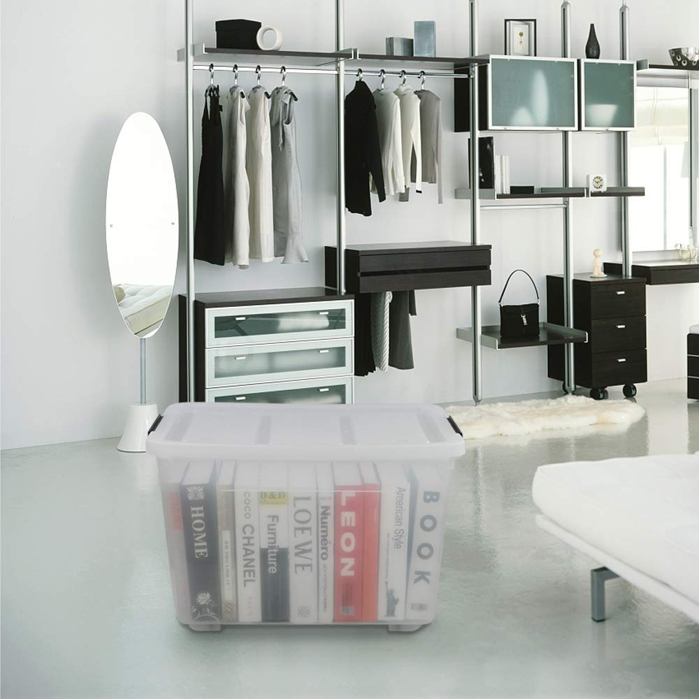 70L Clear Plastic Storage Box with Wheels - Set of 4 Large Latch Containers for Home Organization | Perfect for Garage, Closet, and Office Storage Solutions