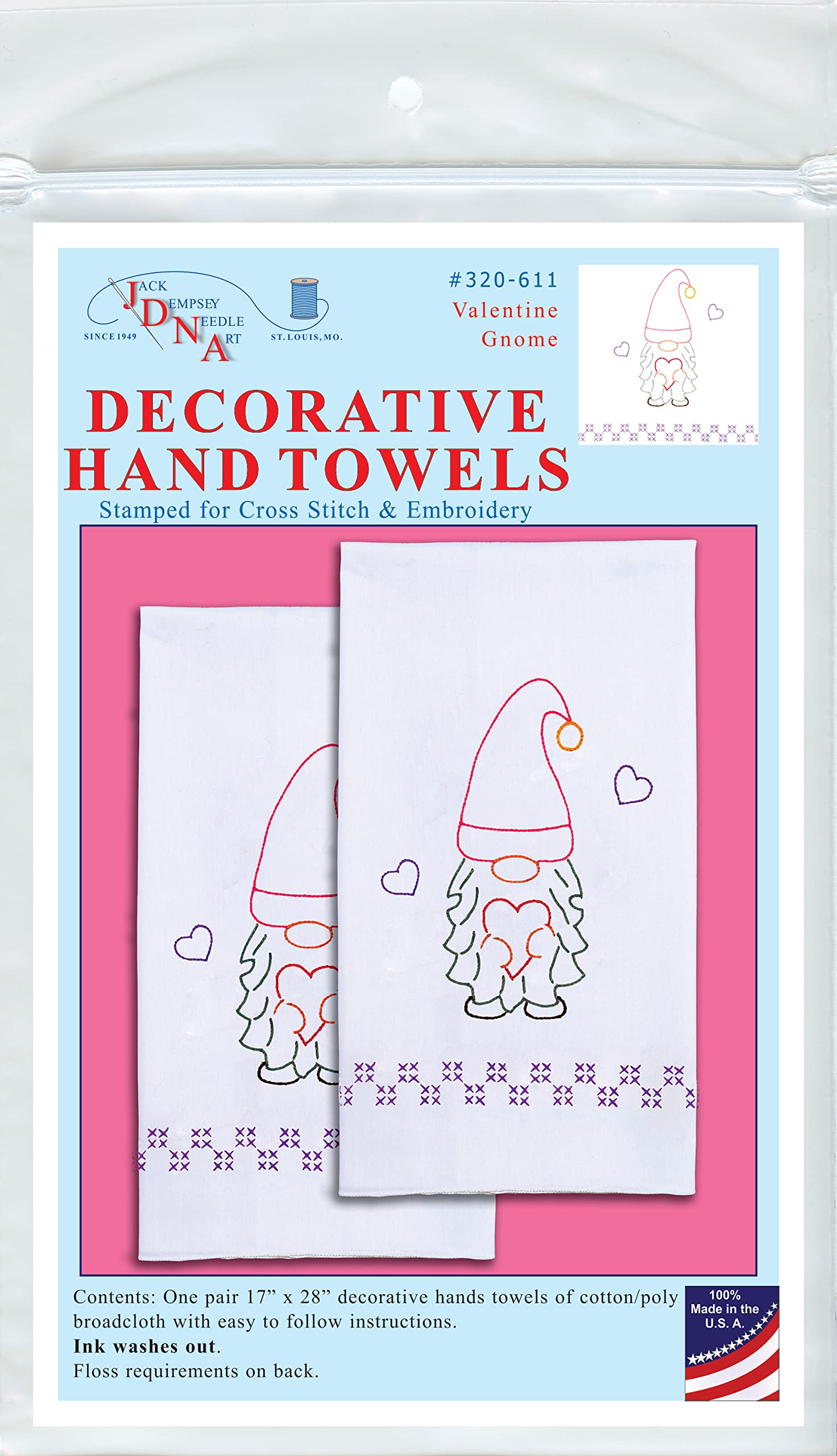 Jack Dempsey Valentine's Day Gnome Hand Towel - White Kitchen Towel for Valentine's Decor, Gift & Bathroom Use