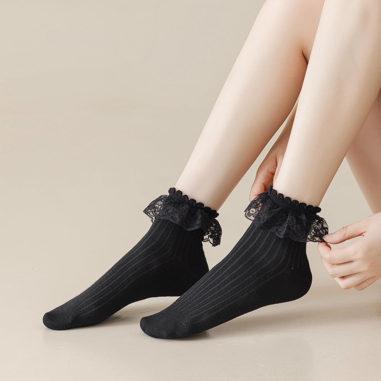 BIVOLU Women's Crew Socks - 6 Pack Lace Ruffle Frilly Cotton Ankle Socks for Girls | Cute Princess Dress Socks for School, Party & Everyday Wear