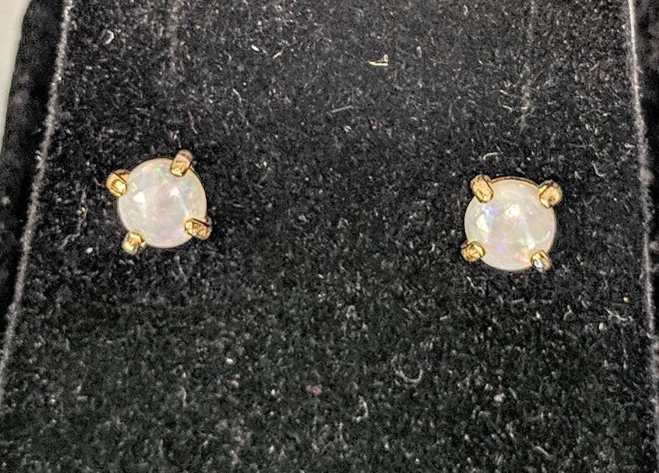 14K Solid Gold Natural Australian White Opal Stud Earrings - 4mm, 5mm, 6mm Round Birthstone Jewelry for Women - Perfect Gift for Birthday, Anniversary & Everyday Wear
