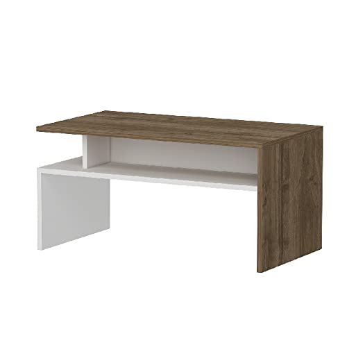 Modern White & Walnut Coffee Table with Shelves - 90x50x43cm for Living Room