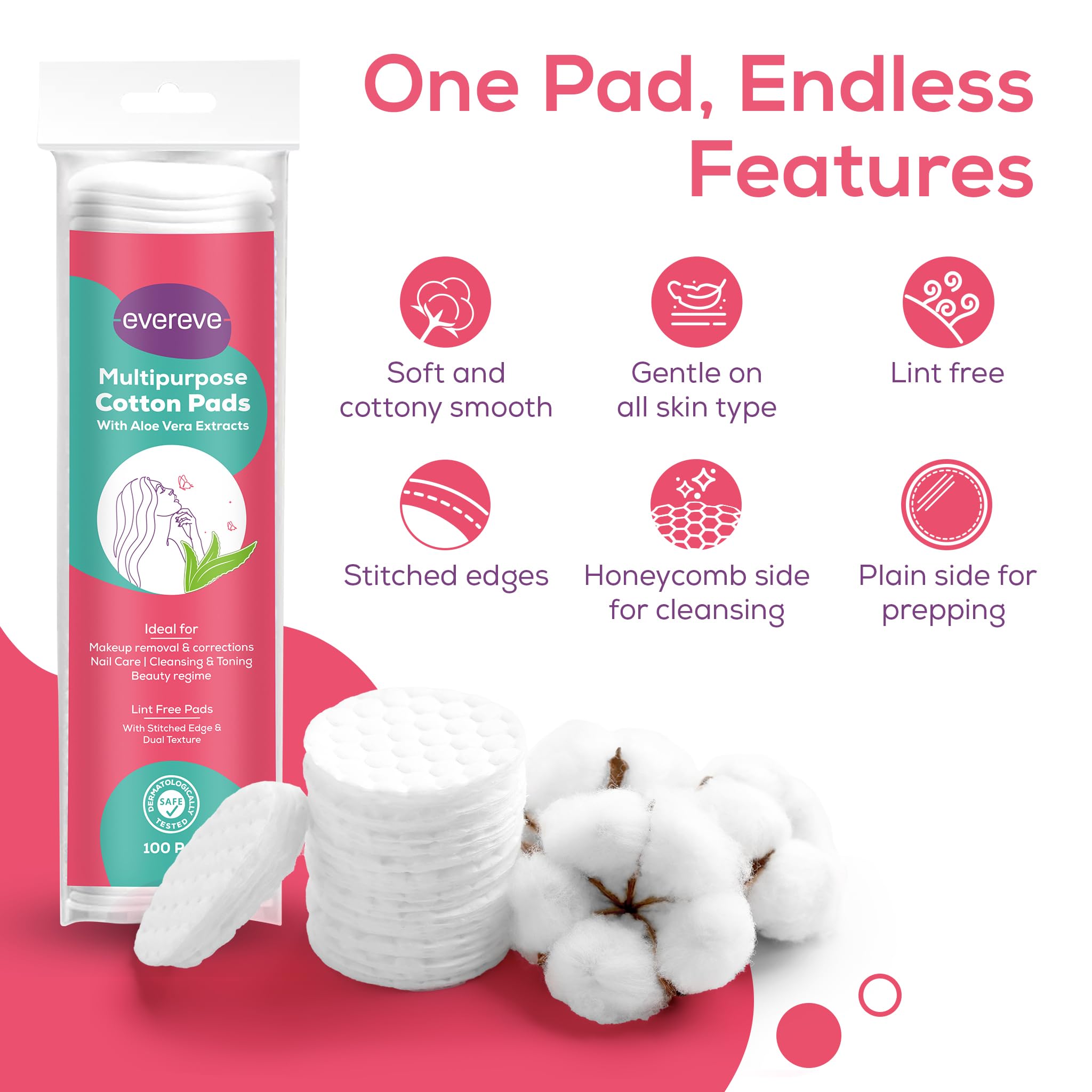 Evereve 200-Pack Multipurpose Cotton Pads | 100% Pure Cotton with Aloe Vera | Double-Sided Embossed Design | Gentle for Face, Eyes & Nails | Perfect for Makeup Removal, Skin Cleansing & Nail Polish Removal | 2-Pack (100 Pads Each) | Ideal for Daily Beauty Routine & Travel