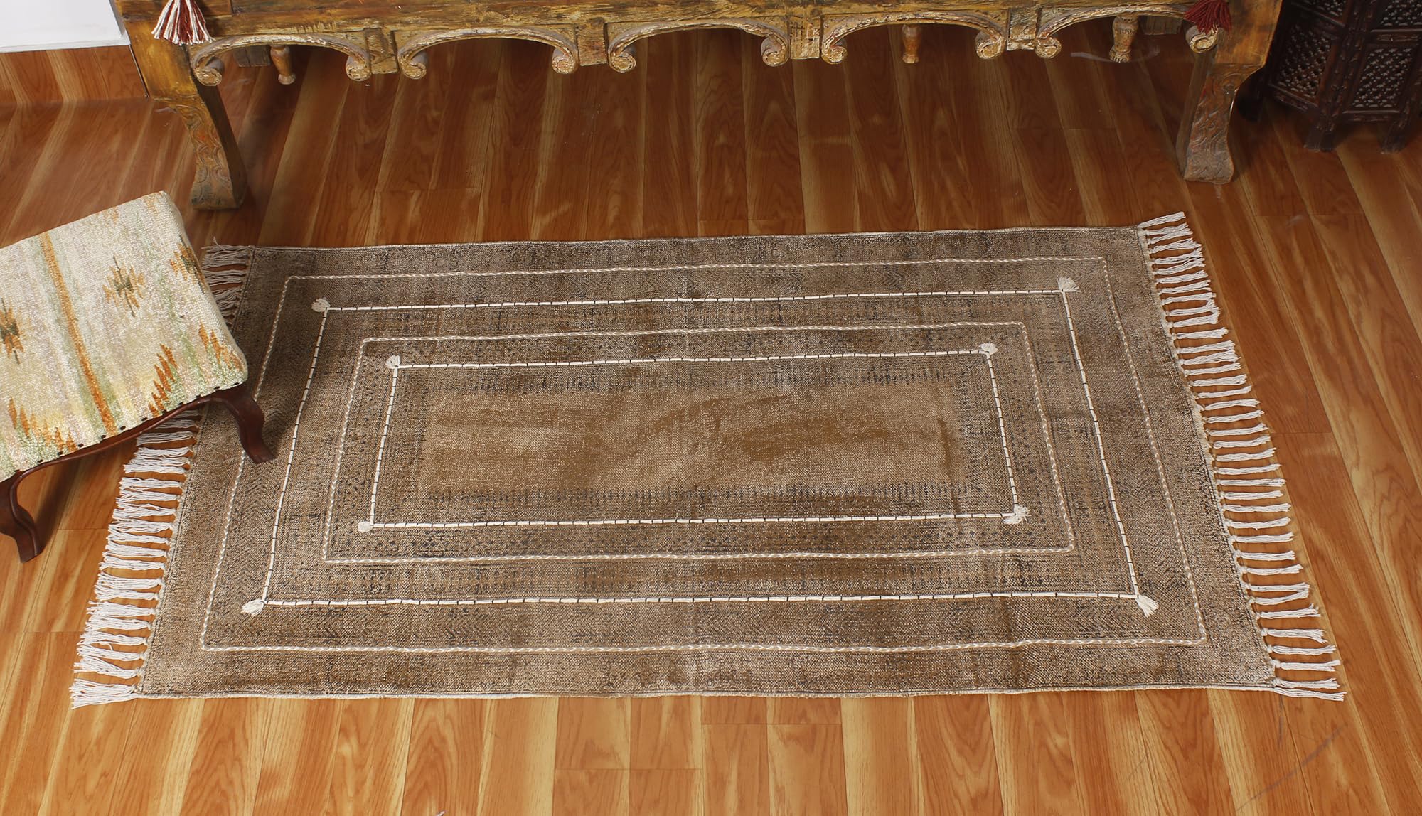 3x20 Runner Rug - Handmade Boho Kilim Rug with Bronze Black Border - Cotton Flatweave Area Rug - Easy Washable - Perfect for Home, Foyer, Corridor, Hotels, Parties & Hallway Decor