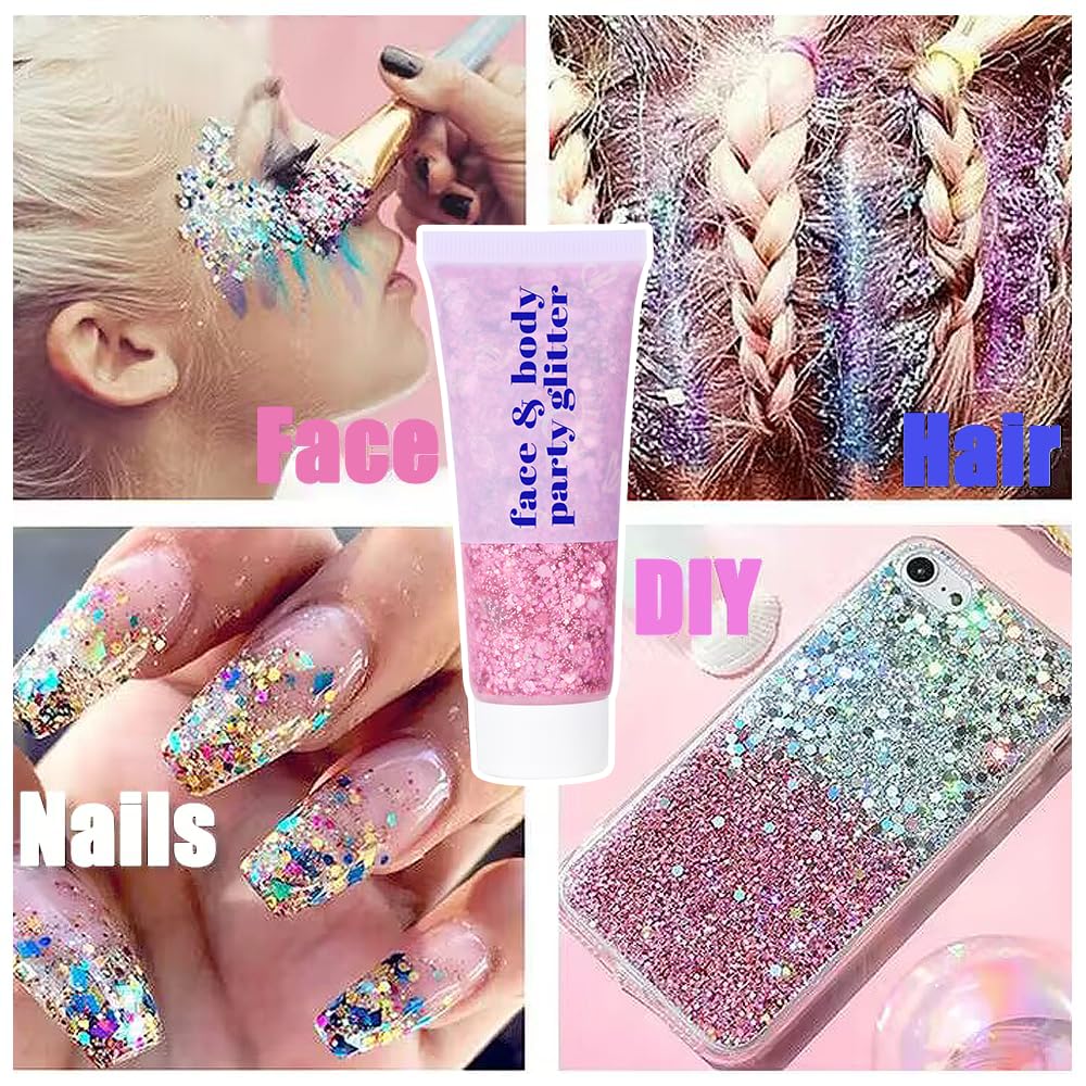 **Shimmering Body Glitter Gel for Face & Body - Holographic Sparkle Makeup for Concerts, Festivals & Halloween - Long-Lasting Chunky Sequins Glitter for Eyes, Lips, Hair & Nails - Perfect for Rave, Cosplay & Party Accessories**