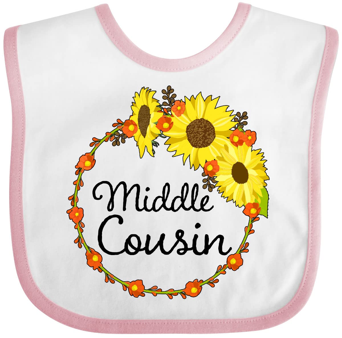 Inktastic Middle Cousin Sunflower Wreath Baby Bib - Soft Cotton Drool Bib for Infants & Toddlers - Perfect for Feeding, Teething, and Everyday Use
