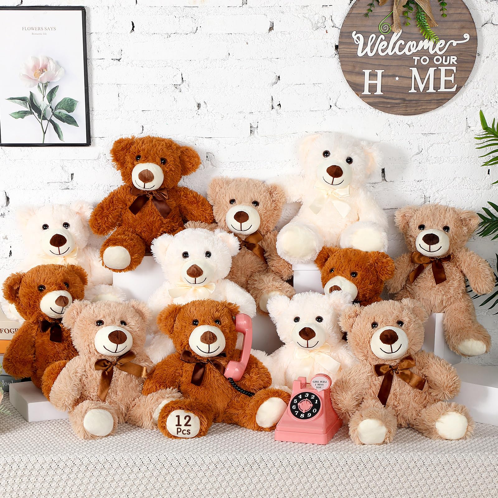 12 Pack 14 Inch Teddy Bear Stuffed Animals - Bulk Plush Bears for Graduation Gifts, Bridal Showers, Anniversaries & Baby Showers (Light Brown, Khaki, White) - Perfect for Party Favors, Decorations & Gift Giving