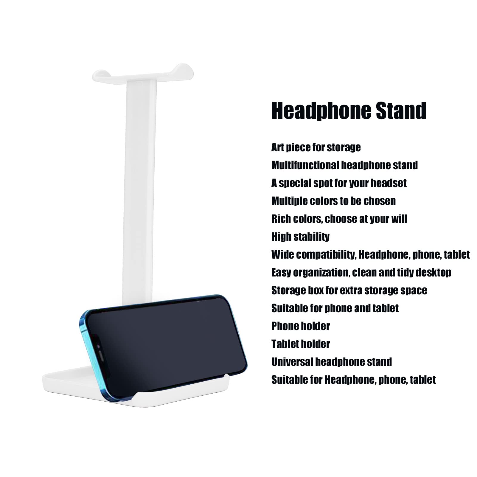 2 in 1 Headphone Stand with Phone Holder - ABS Gaming Headset Stand with Solid Base & Tablet Holder - Perfect for Desk Organization, Gaming Setup & Office Accessories (White)