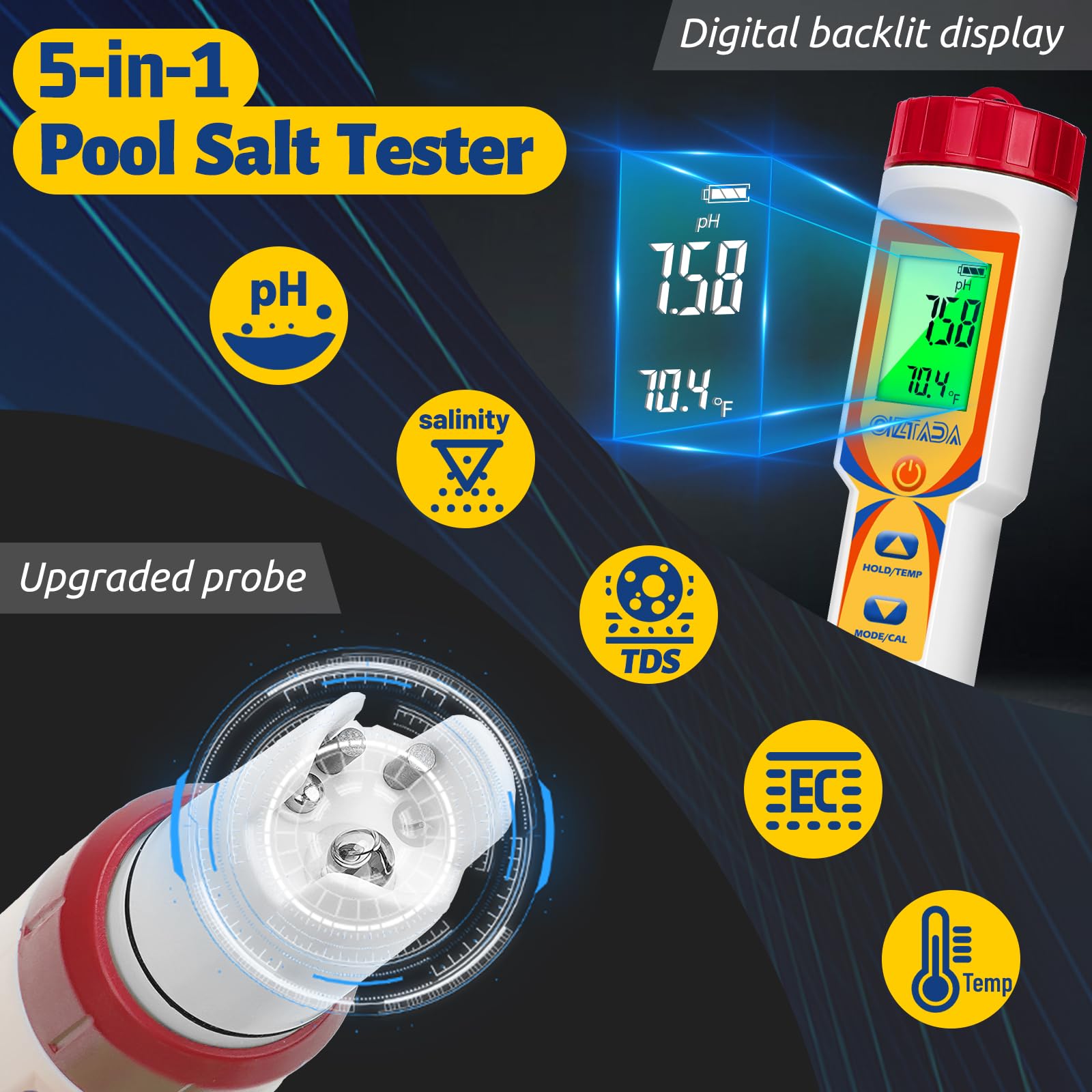 5-in-1 Digital Pool Water Tester - Accurate Salt, pH, TDS, EC Meter for Saltwater Pools, Hot Tubs & Spas | Multi-Functional Water Quality Monitor for Swimming Pools, Aquariums & Hydroponics | Perfect for Home Maintenance & Professional Water Testing