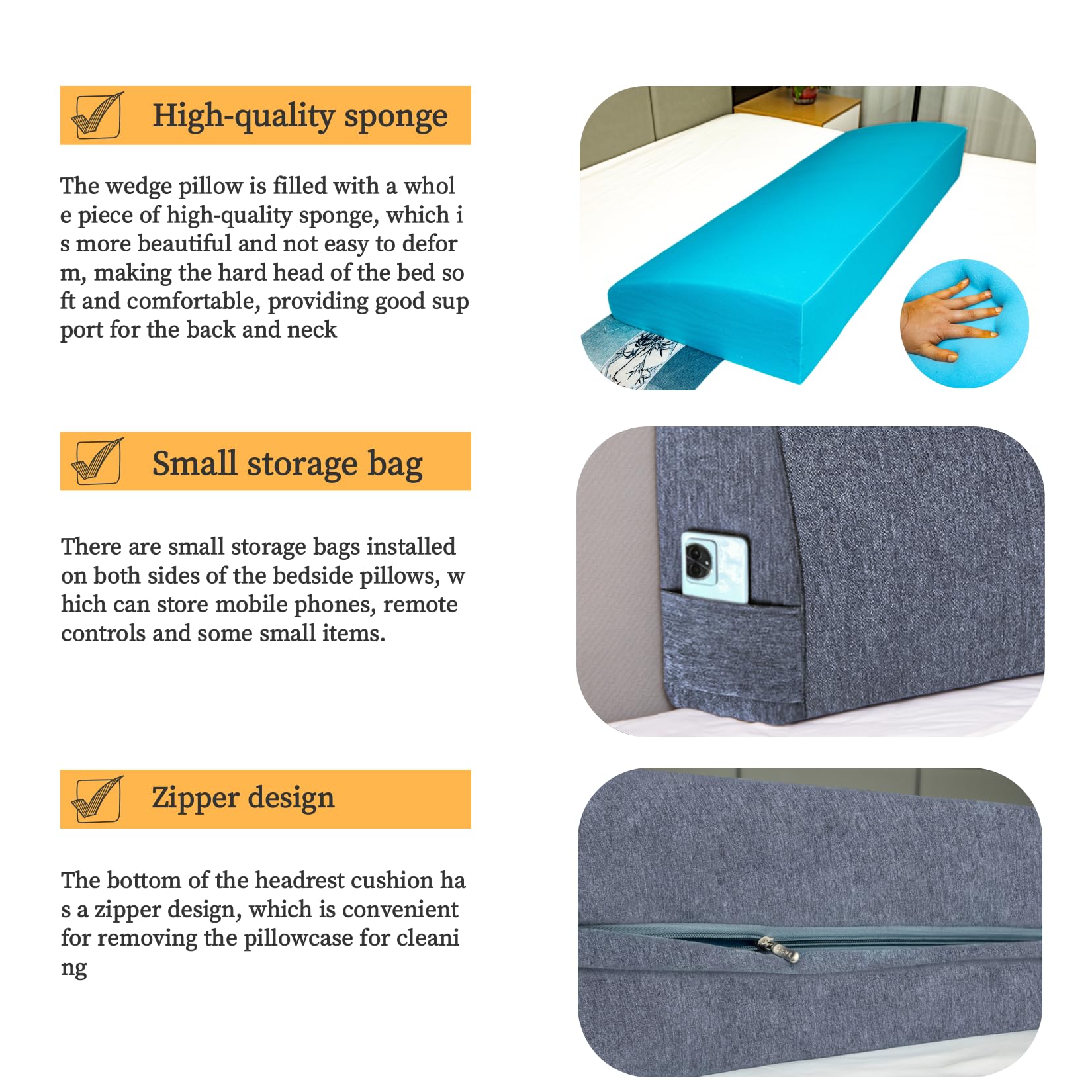 King Size Headboard Wedge Pillow for Bed - Adjustable Backrest Reading Pillow with Removable Dark Blue Cover - Perfect for Sitting Up in Bed, Reading, Working or Watching TV