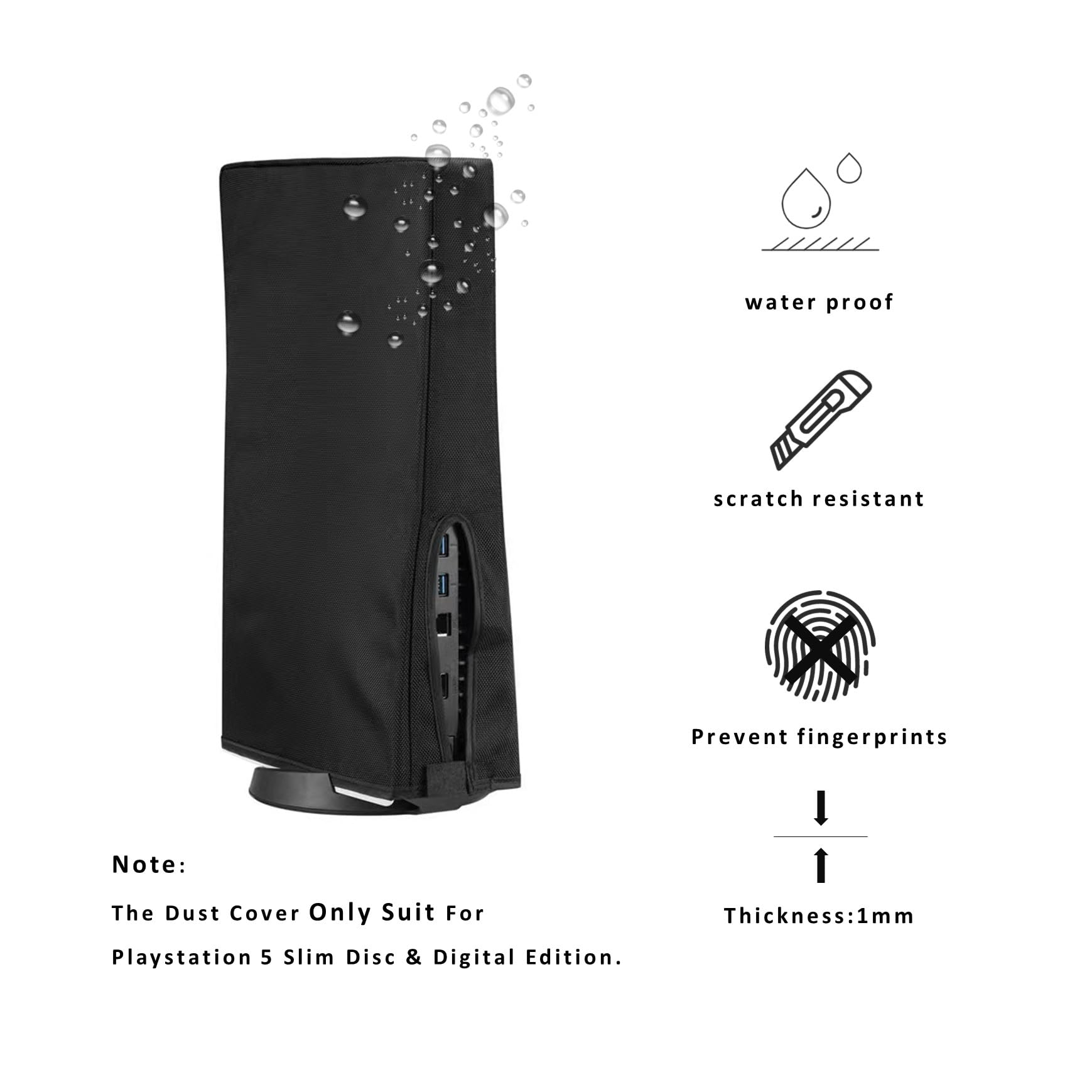 Roipin Dust Cover for PS5 Slim Digital & Disc Edition Console - Anti-Scratch, Waterproof Protective Case for PlayStation 5 Slim - Black - Perfect for Gaming Setup & Console Protection