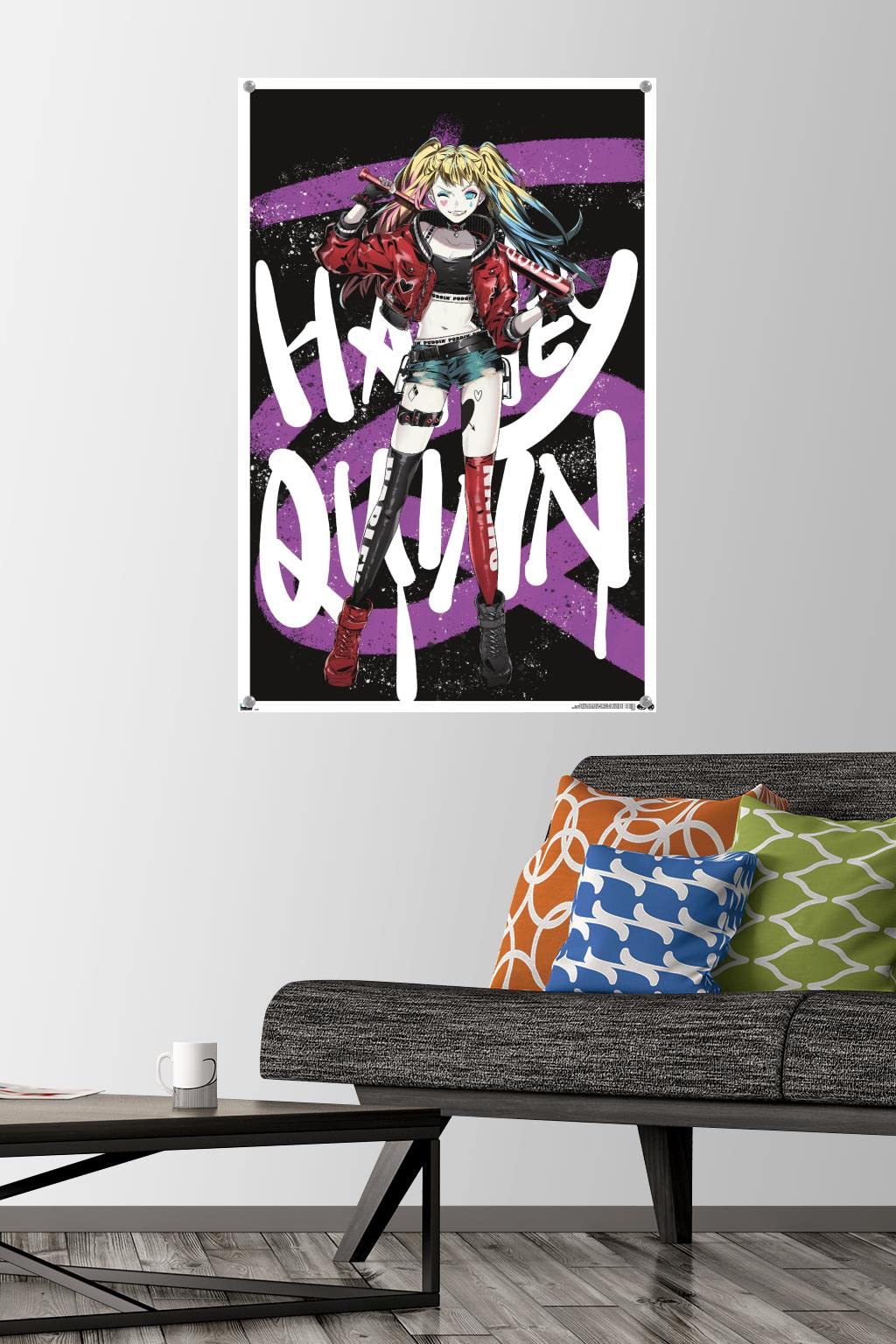 DC Comics Harley Quinn Anime Bat Wall Poster with Push Pins - Perfect for Bedroom, Dorm & Comic Fan Decor