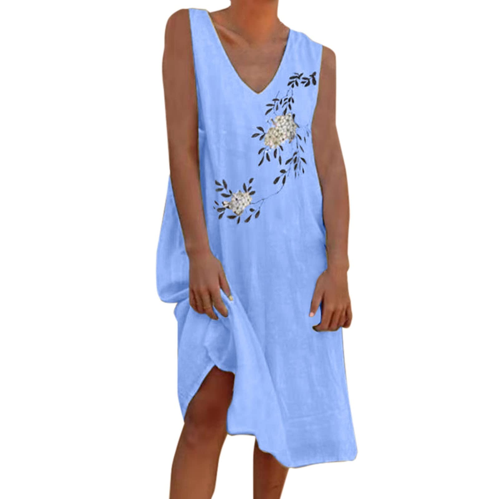 iOPQO Women's Casual Summer Tank Dress - V Neck Sleeveless Printed Midi Dress for Women (Blue, Size S) | Perfect for Beach, Vacation & Everyday Wear