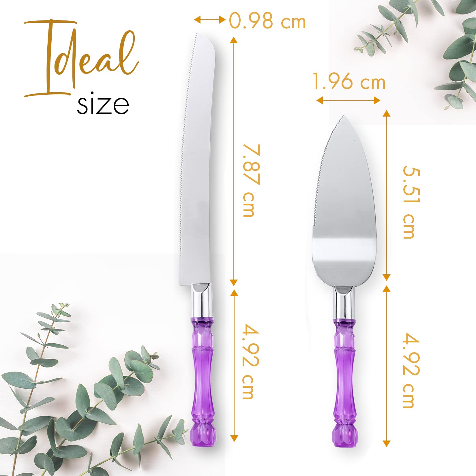 Premium Acrylic Crystal Handle Cake Knife and Server Set - Elegant Cake Cutter & Pie Spatula for Wedding, Birthday, Party Desserts (Purple Silver) - Perfect for Cake Cutting Ceremonies, Buffet Serving & Special Occasions