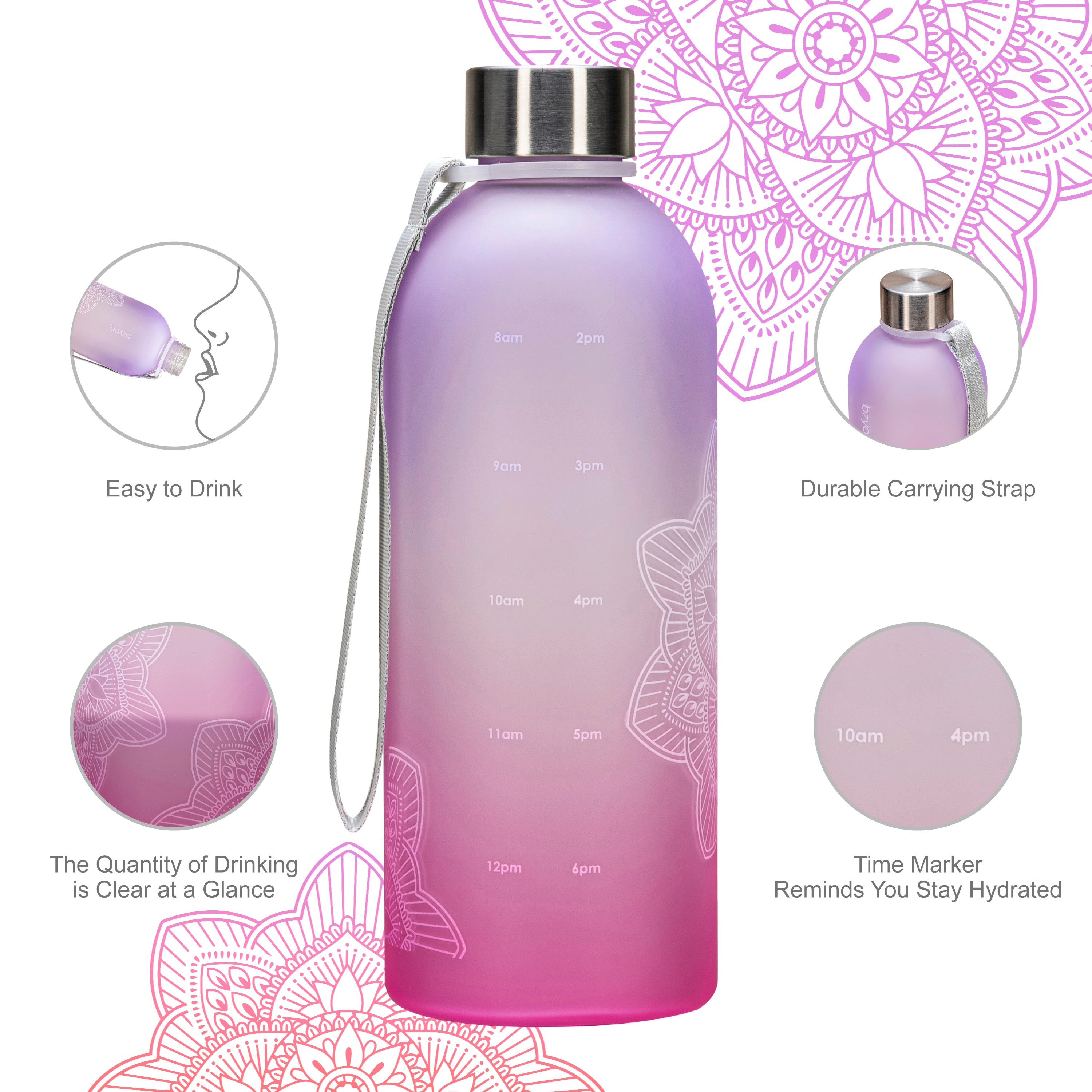 32oz La La Mandala Time Marker Tritan Water Bottle with Carrying Strap - Ombre Pink | BPA-Free Leak Proof Sports Water Bottle for Gym, Yoga, Hiking & Outdoor Activities